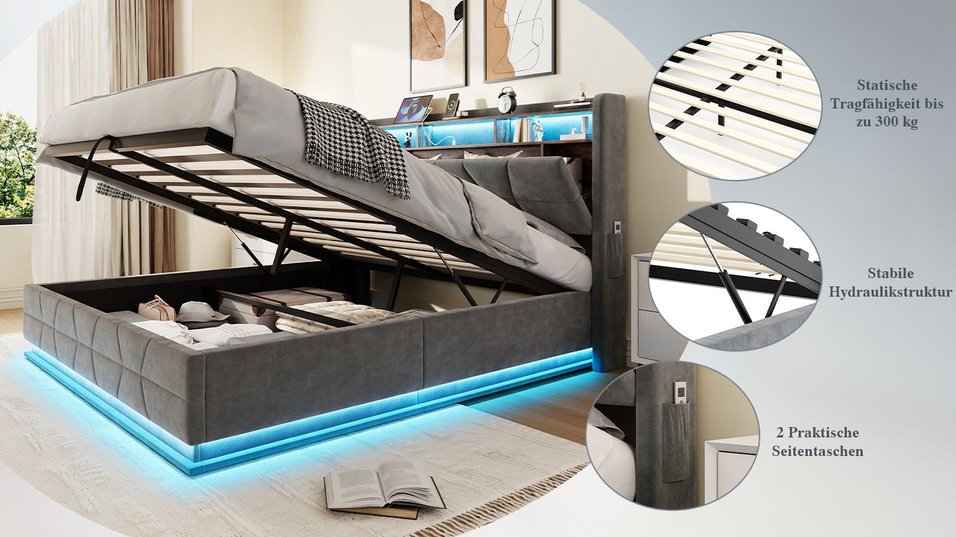 Multifunctional Bed with LED Lighting, Storage Headboard and USB Charging, 160x200cm Dark Grey Velvet