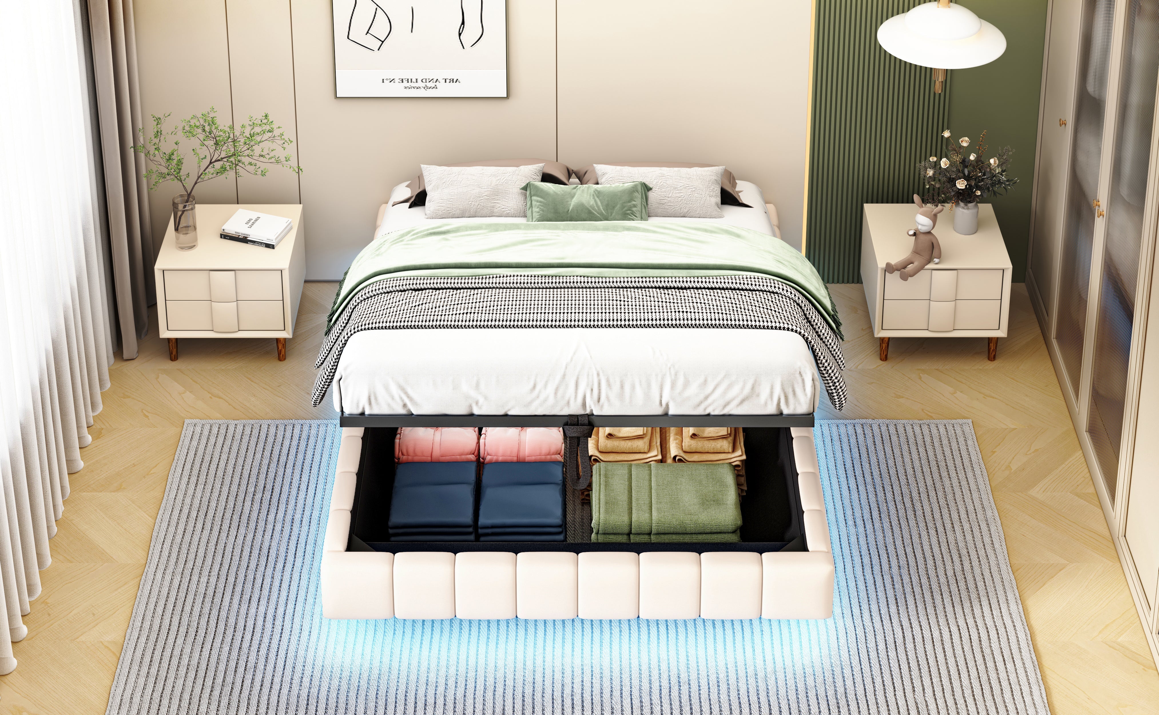 Upholstered Bed 140x200cm Floating Hydraulic Storage LED Light, Linen Beige