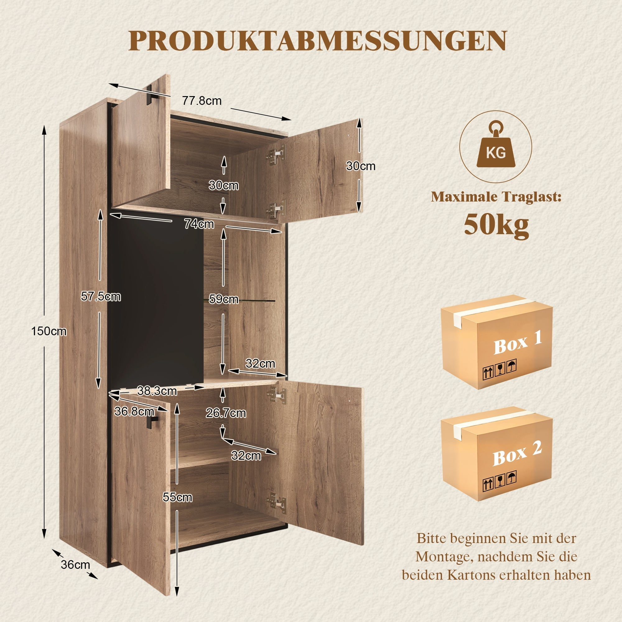 Modern Wardrobe Combination with LED Lighting and Sliding Doors, Wood Look and Black