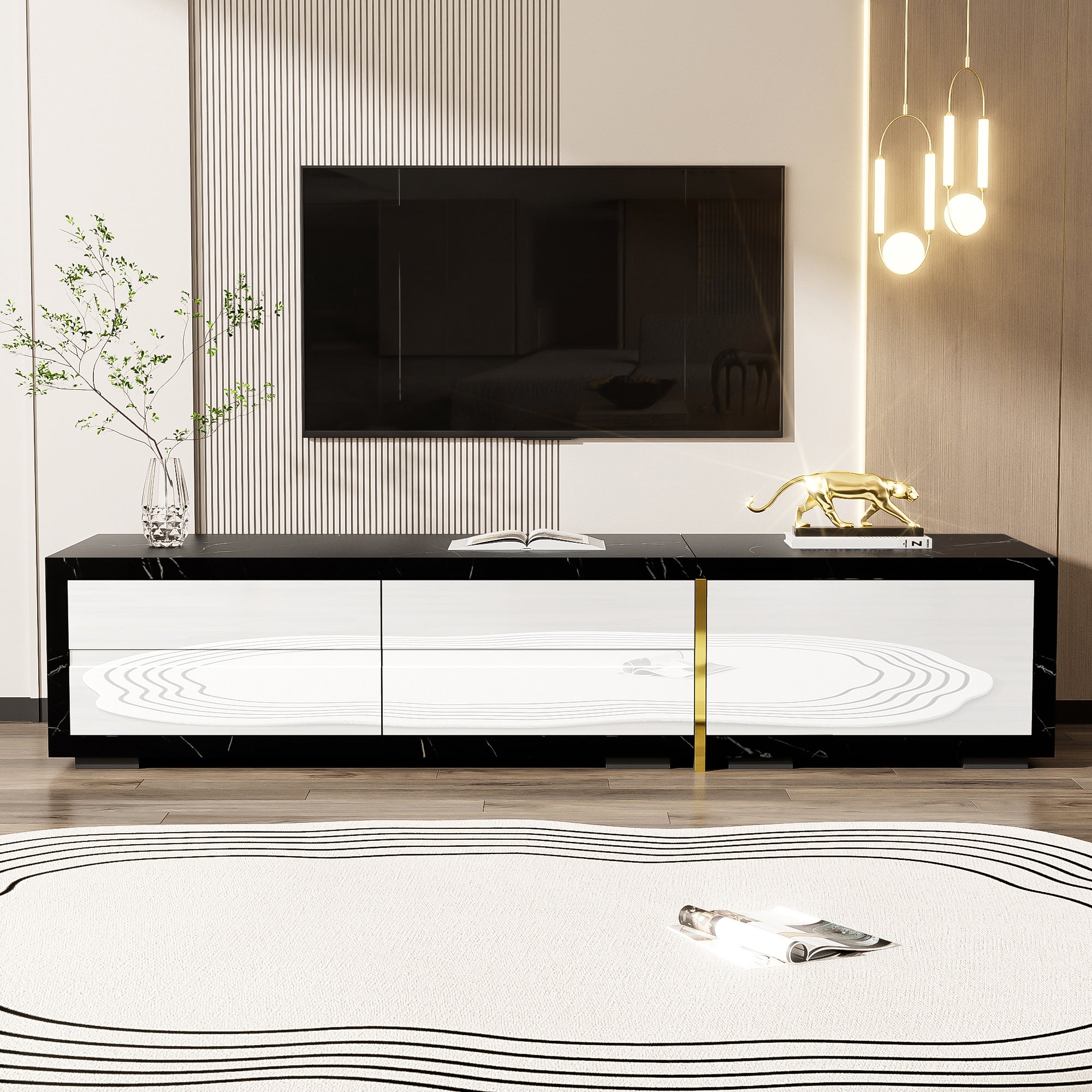 TV Cabinet, Adjustable Length (140-260 cm) Swivel, Black Marble, White High-Gloss Matte, Gold Trim
