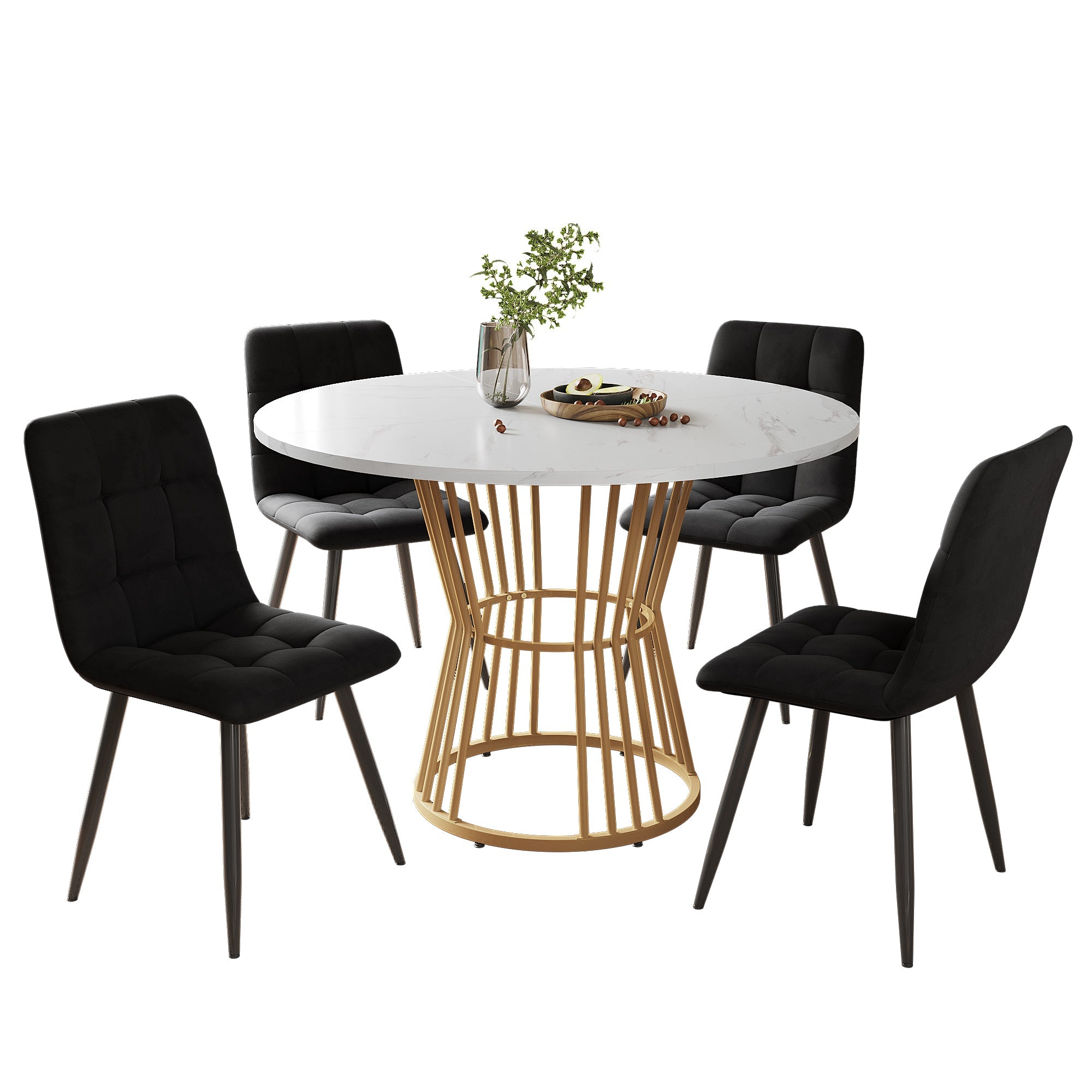Dining Table Set (5-Piece) Round 100cm Table Gold Metal Legs White MDF Black Velvet Chairs