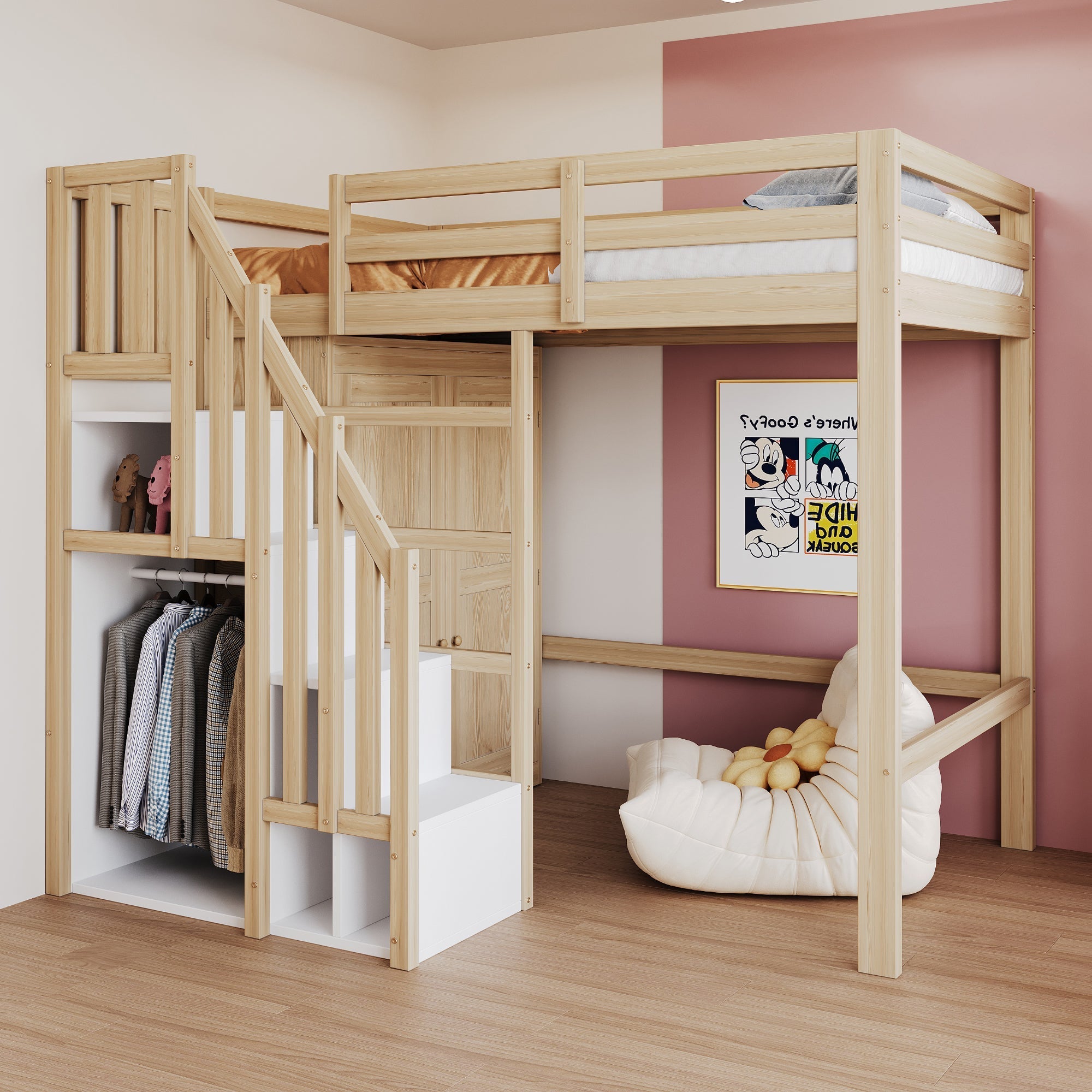 Loft Bed 90x200cm Storage Ladder Wardrobe Solid Wood - Natural Wood Color