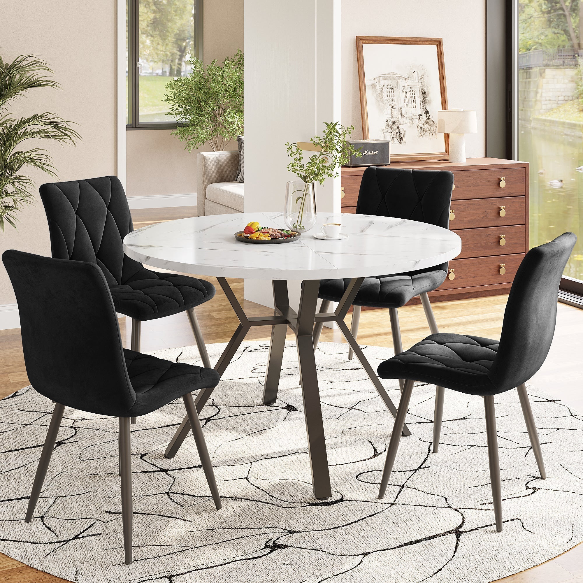 Dining Table and Chair Set 5-Piece Round Marble Table 4 Ergonomic Chairs Black Metal & Black Suede