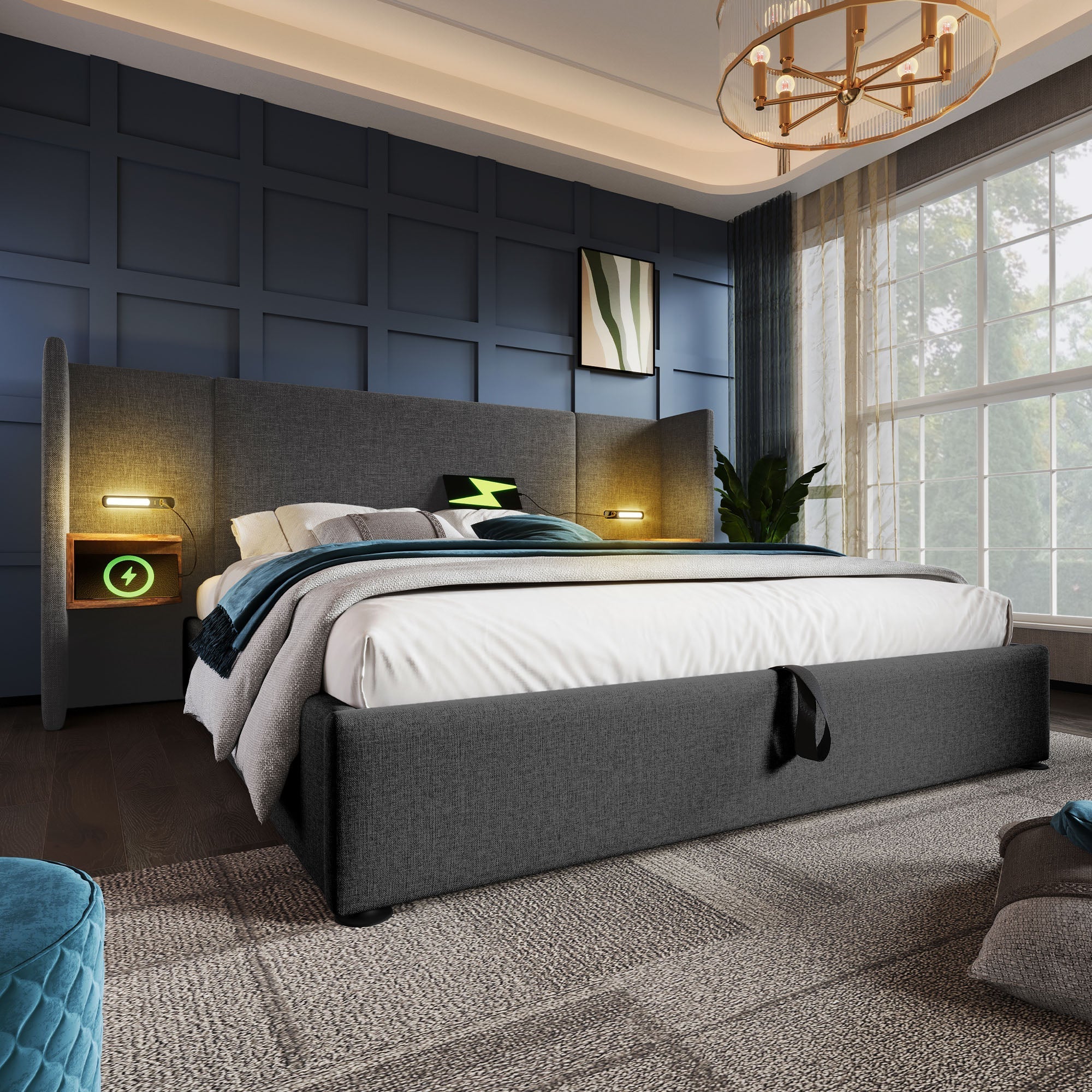 Upholstered Double Bed 180x200 with Bedside Table, Reading Lamp, USB-C Charging, Storage Frame, Solid Wood & Metal, Gray Linen