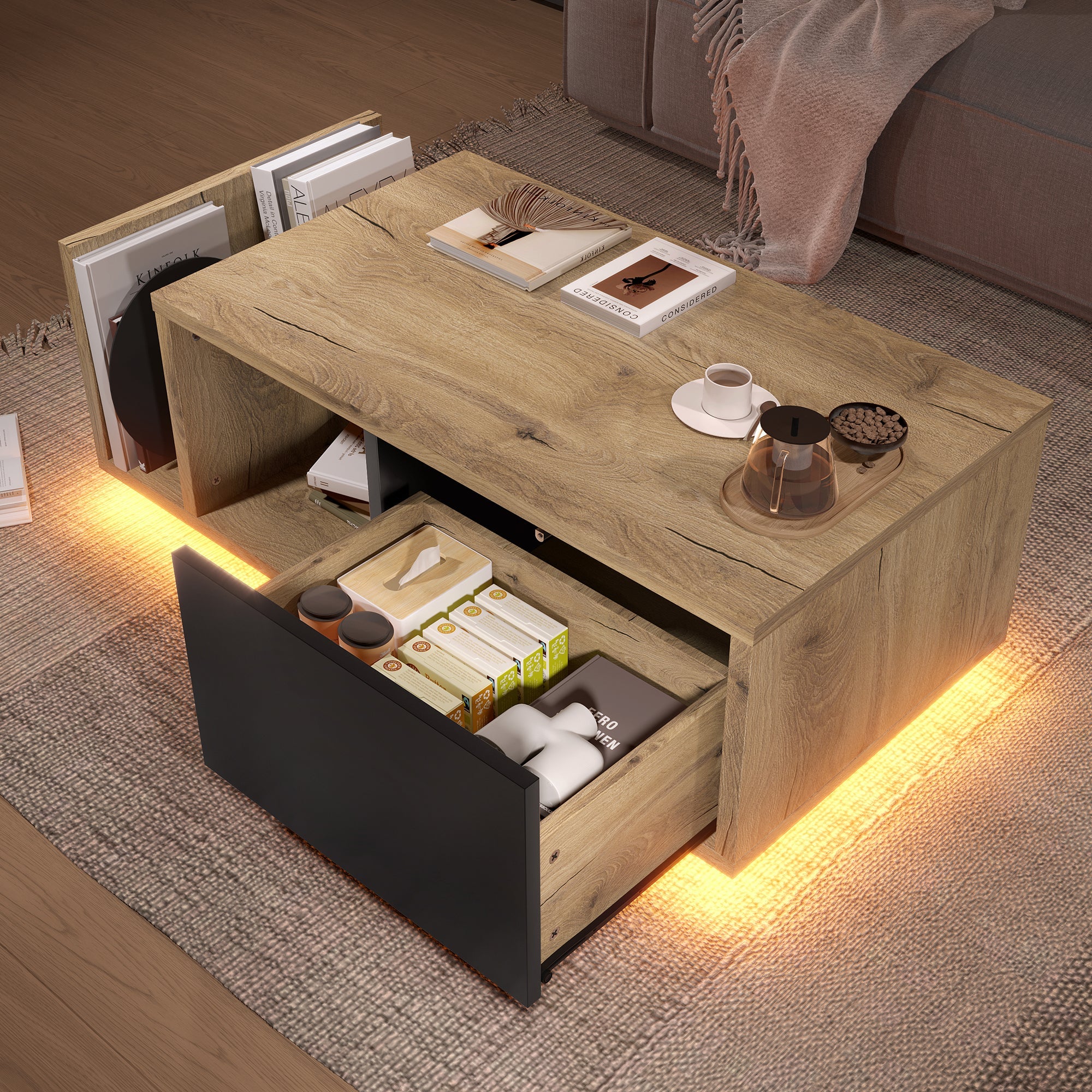 Retro Sideboard, Room Divider with LED Lighting, Wood-Metal Design