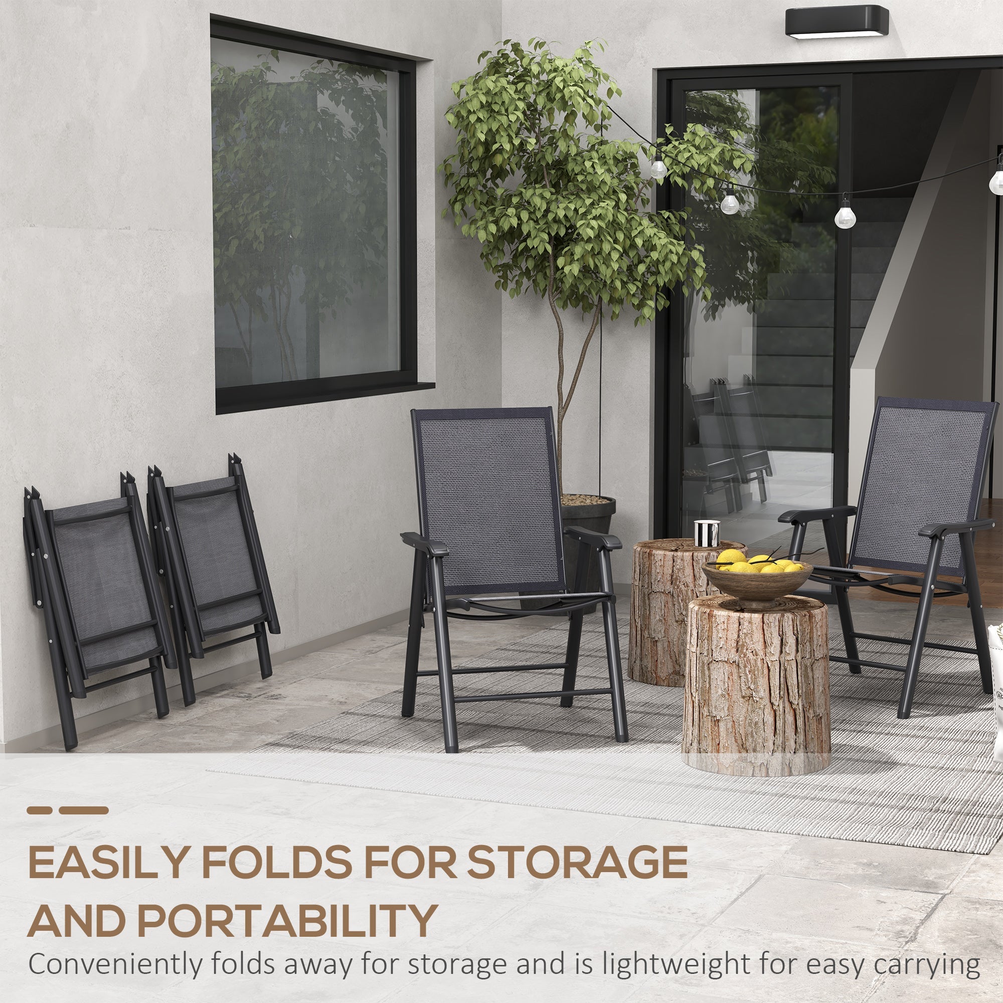 Set of Four Folding Garden Chairs, Portable and Space-Saving, Charcoal Grey