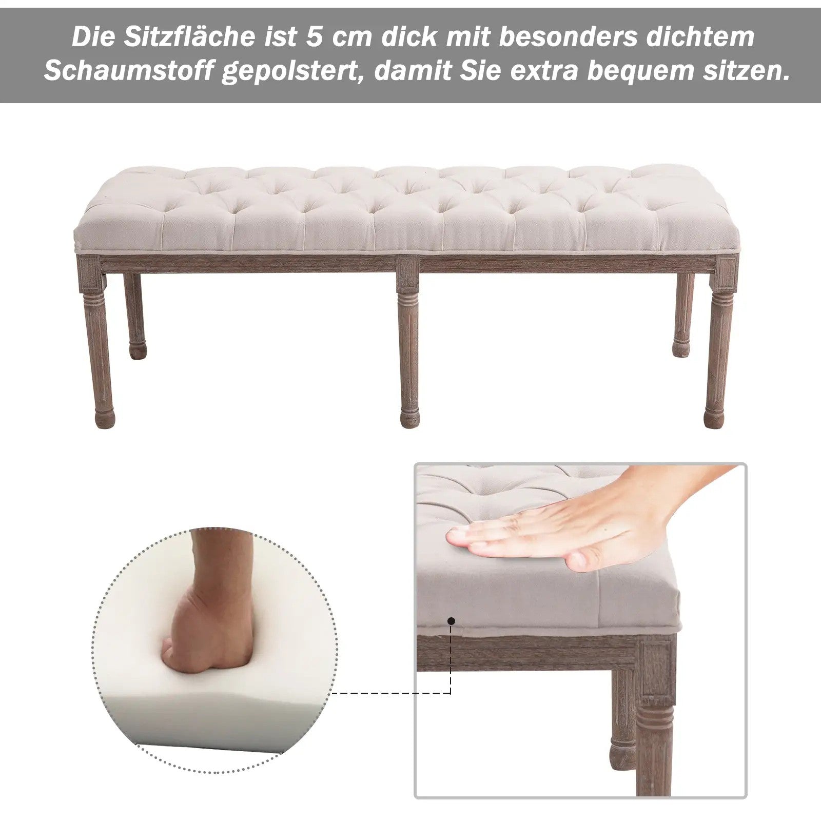 Upholstered Bench Lounge Stool with Buttons, Linen Wood, Beige