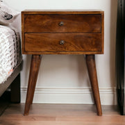 Solid Wood Bedside, Modern 2 Drawers, Dark Brown Chestnut