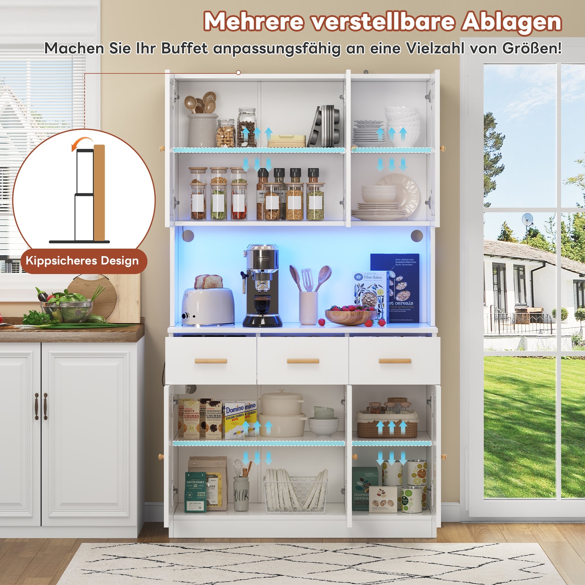 Kitchen Sideboard Tall Cabinet with LED & Socket, White Fabric/Solid Wood