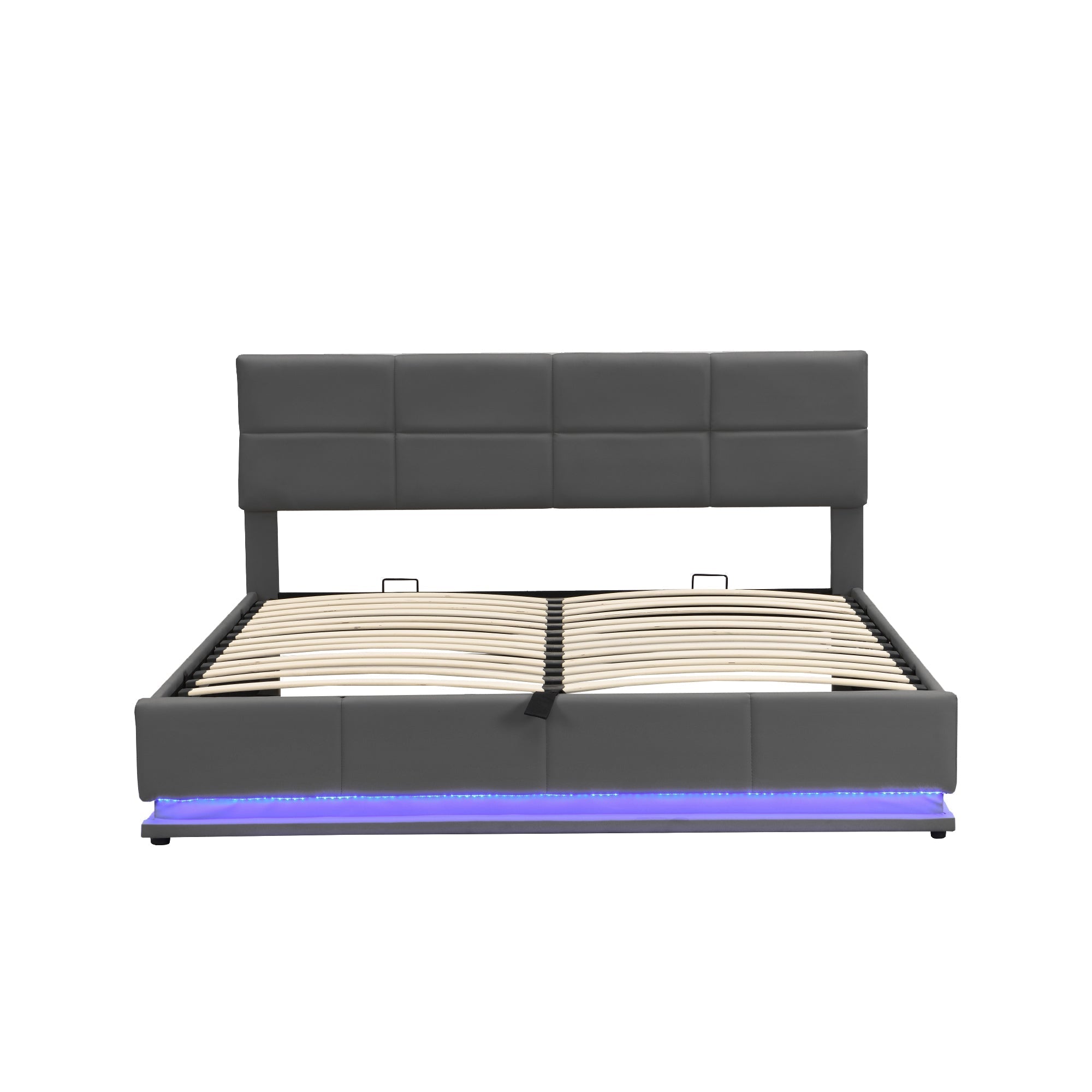 Faux Leather Bed with LED Lighting, Hydraulic Storage & Adjustable Headboard, Grey