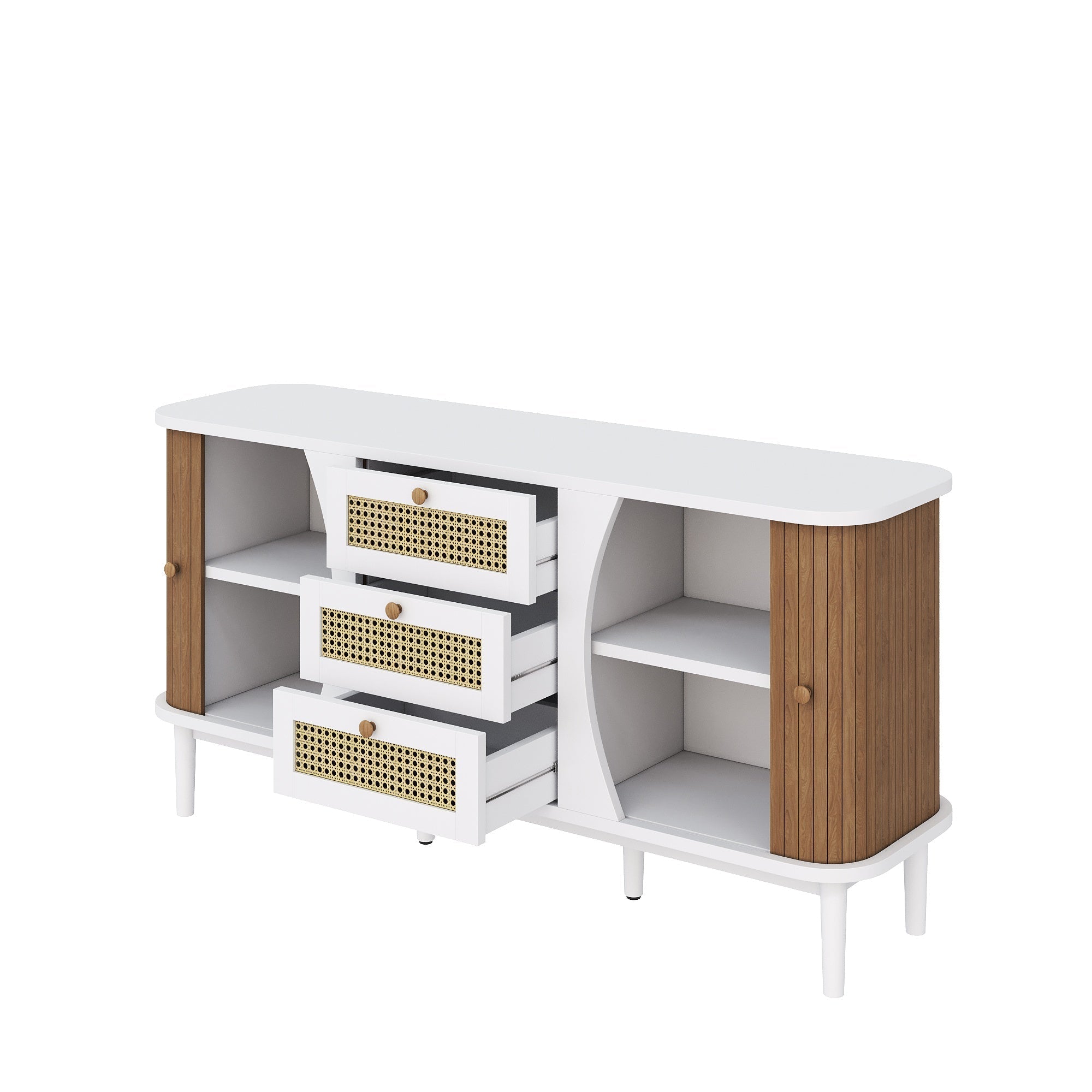 Sideboard, Rattan Sliding Door Chest, Adjustable Shelves, White and Wood