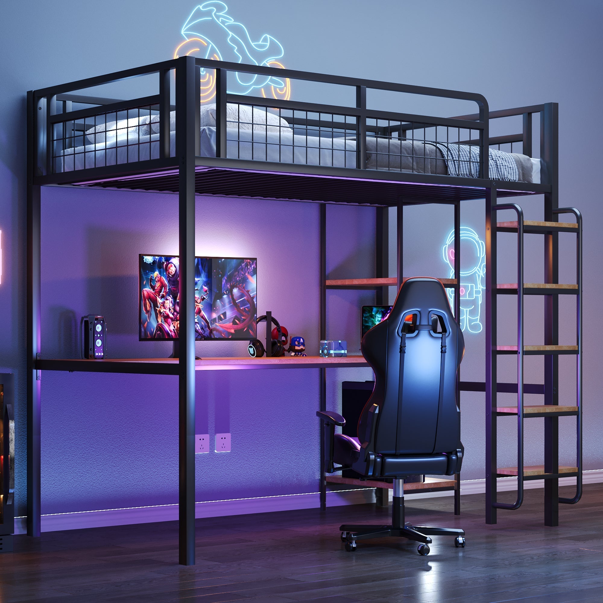 Metal Loft Bed 90x200cm Safety Ladder Storage Black