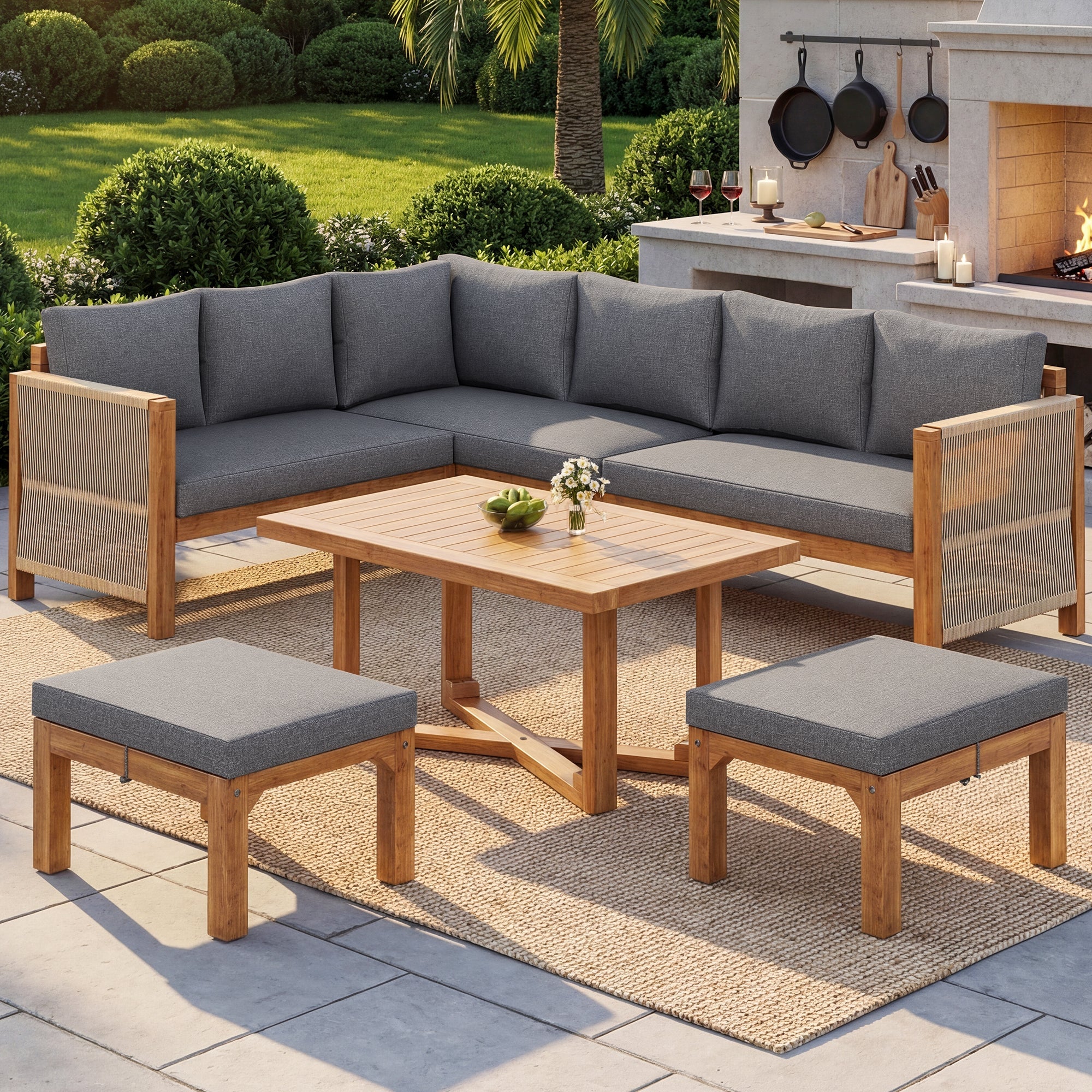 Modular Garden Furniture Set, 6-Seater Corner Sofa with 2 Stools and Table, Acacia Wood
