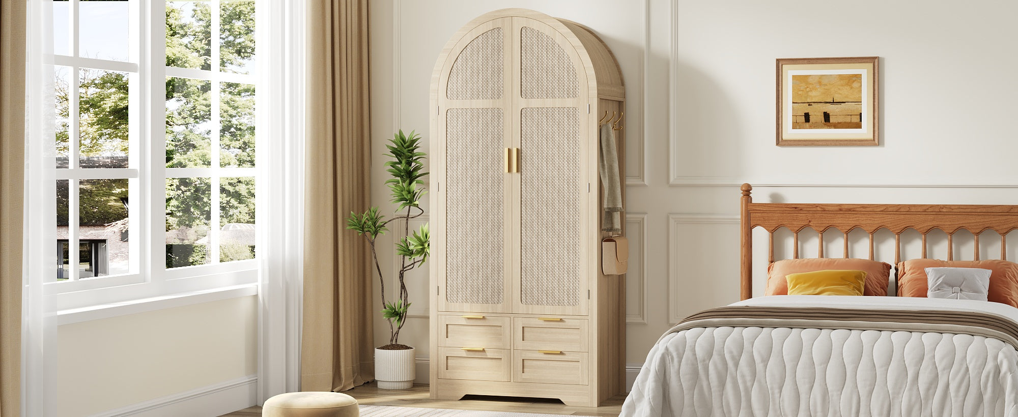 Modern Wardrobe with Curved Doors, Clothes Rail and Drawers, Oak MDF