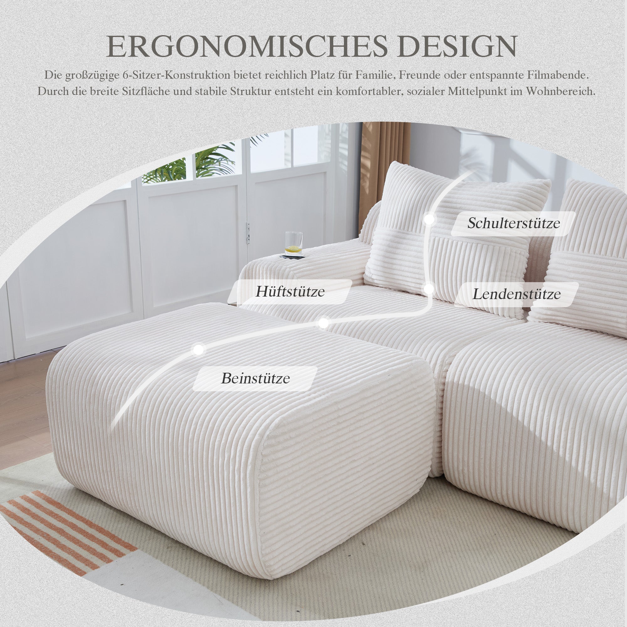 3-Seater Modular Corduroy Sofa with Ottomans, Cup Holders and Storage, Beige
