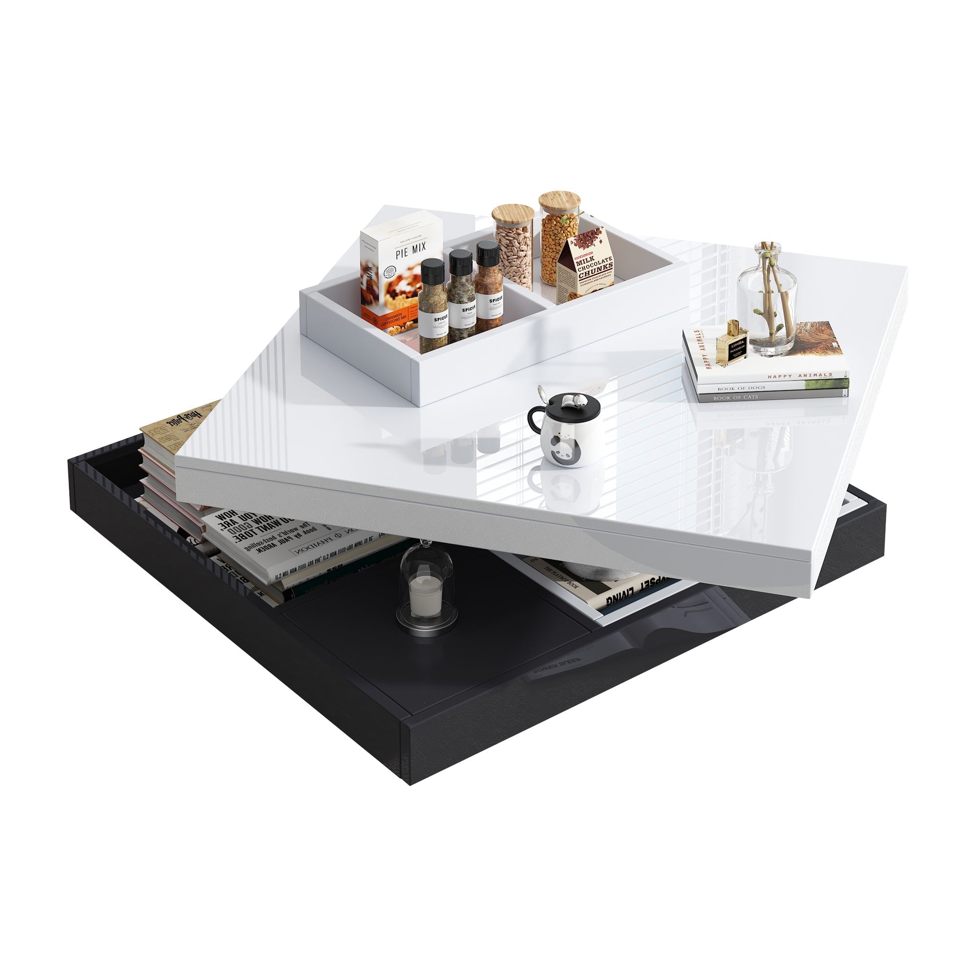 High-gloss tabletop coffee table, 360° rotatable, 2-tier with storage, white and black