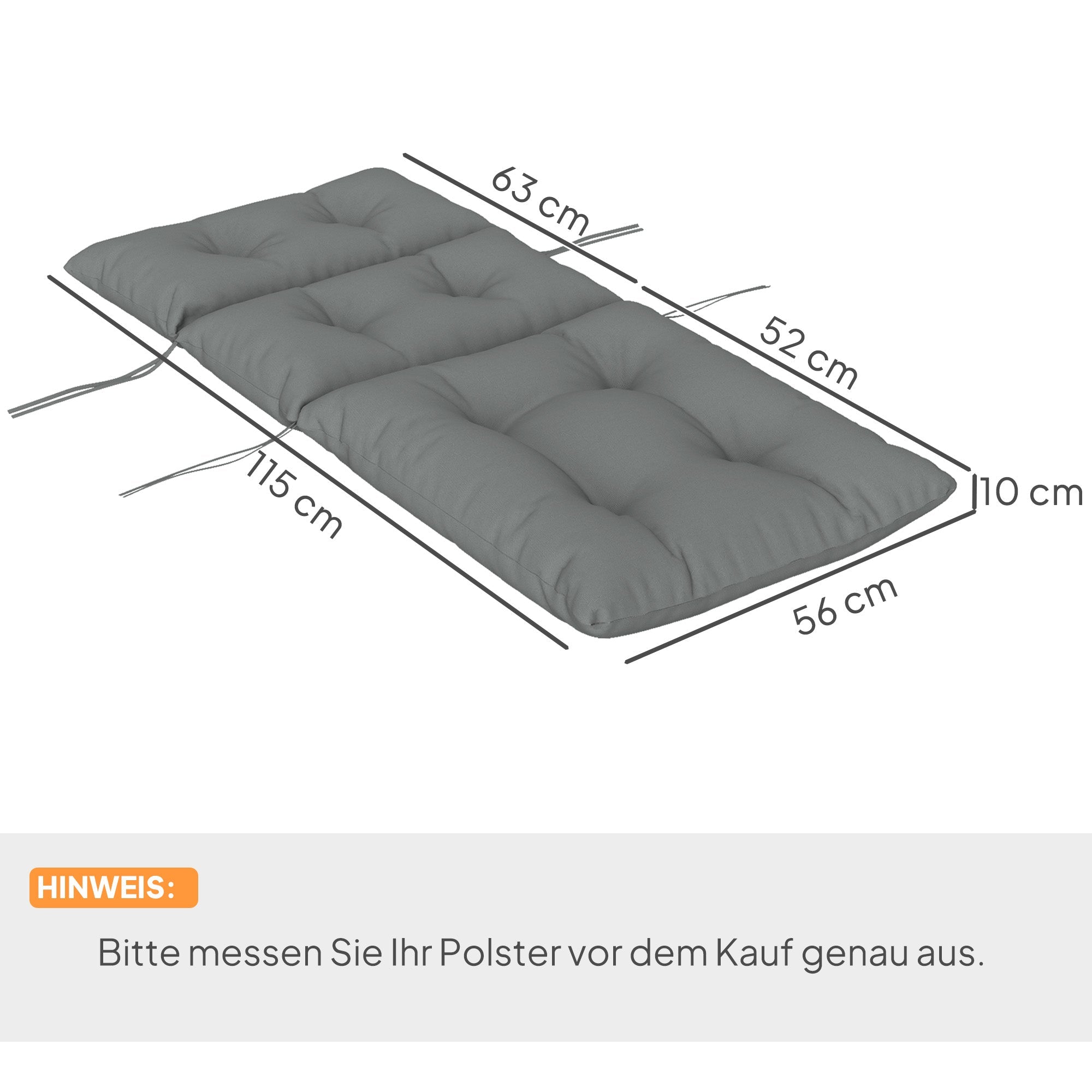 Seat Cushion, 115x56cm with ties, backrest, 10cm thick, water-repellent, light grey