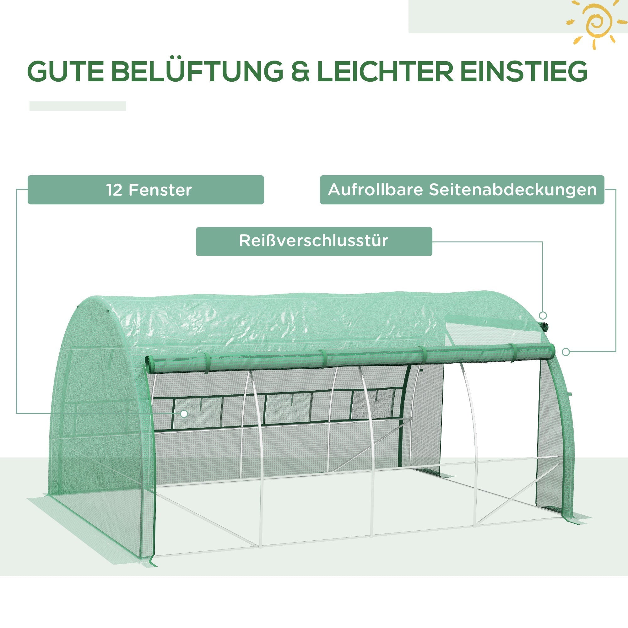 Polytunnel Foil Greenhouse 3.97x3x2m Walk-in UV Protection Roll-up Covers, Green Steel