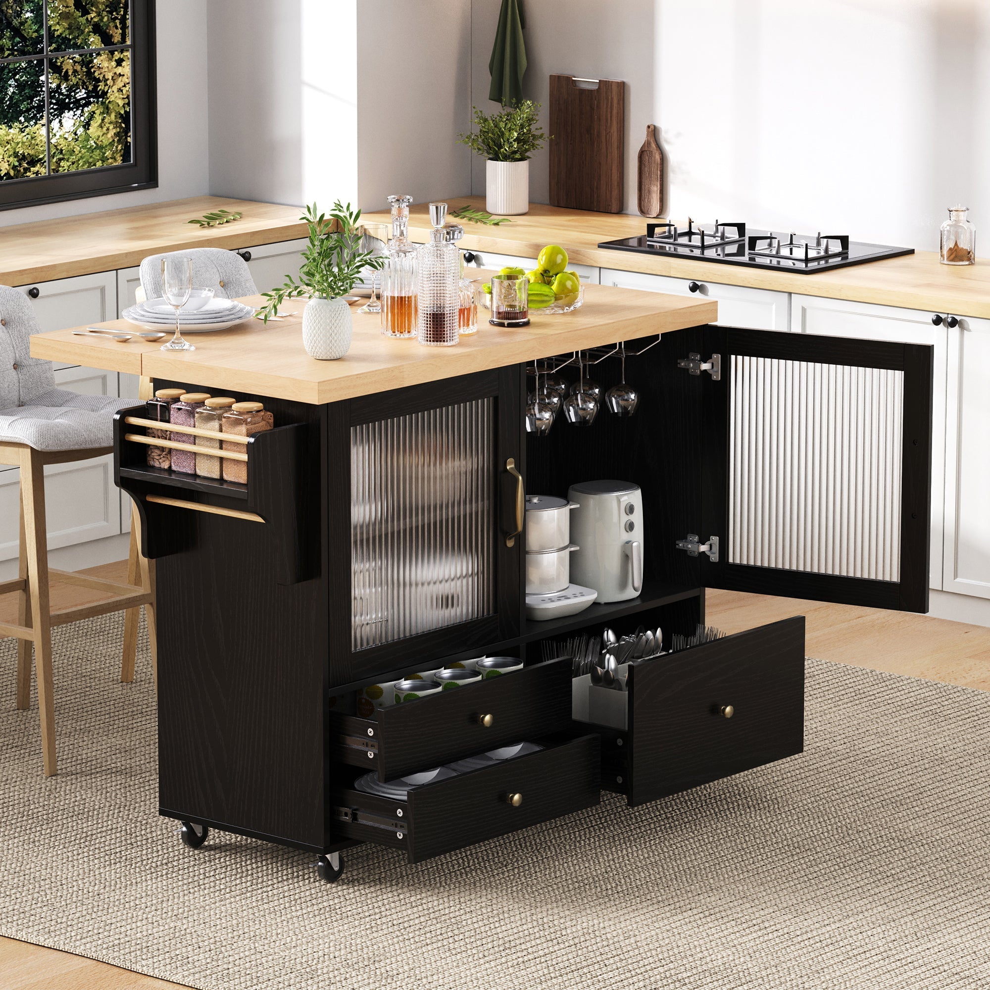 Mobile Kitchen Island Extendable Table Storage Wine Rack - Black