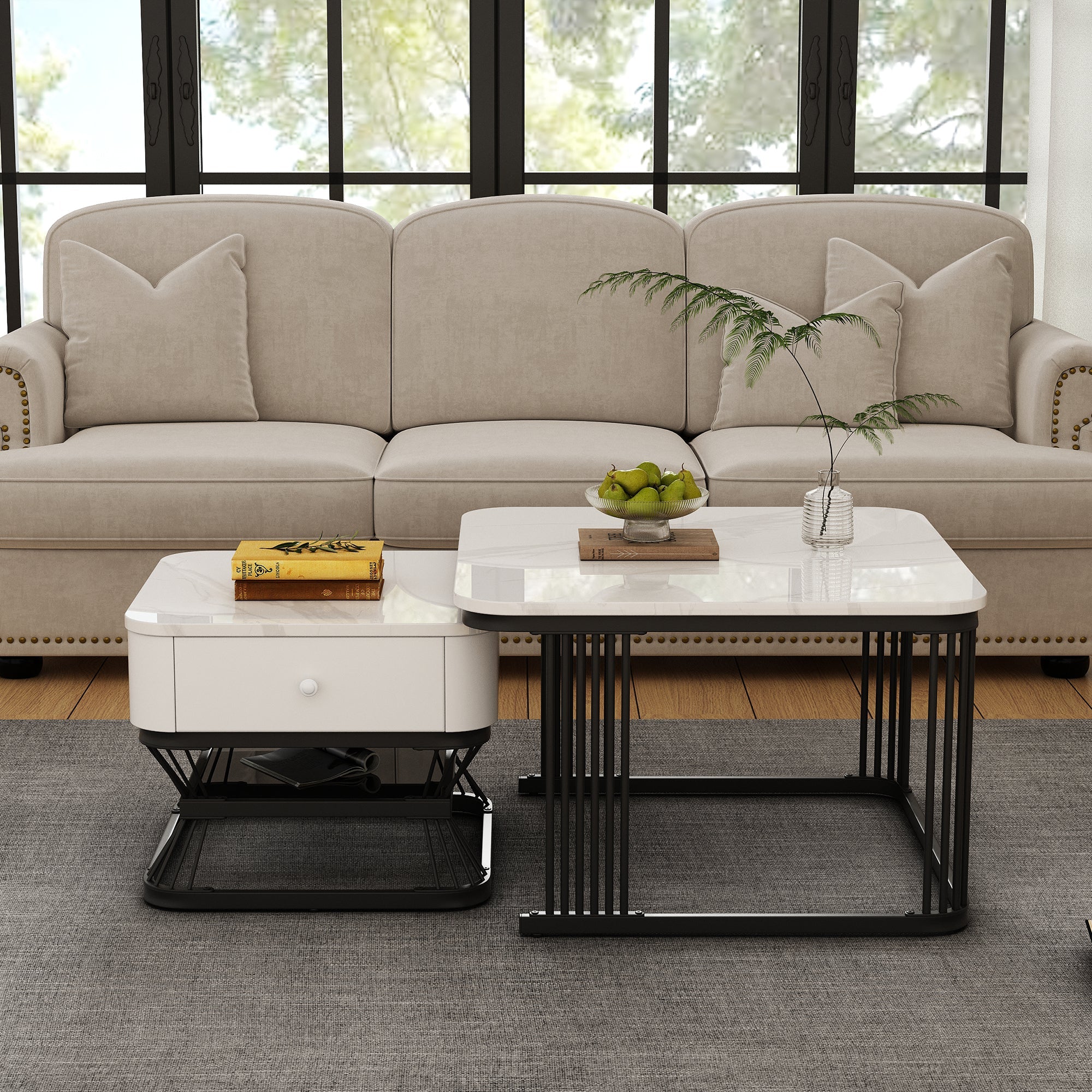 2-Piece Geometric Coffee Table Set with Drawer, High-Gloss Marble Look, White/Black