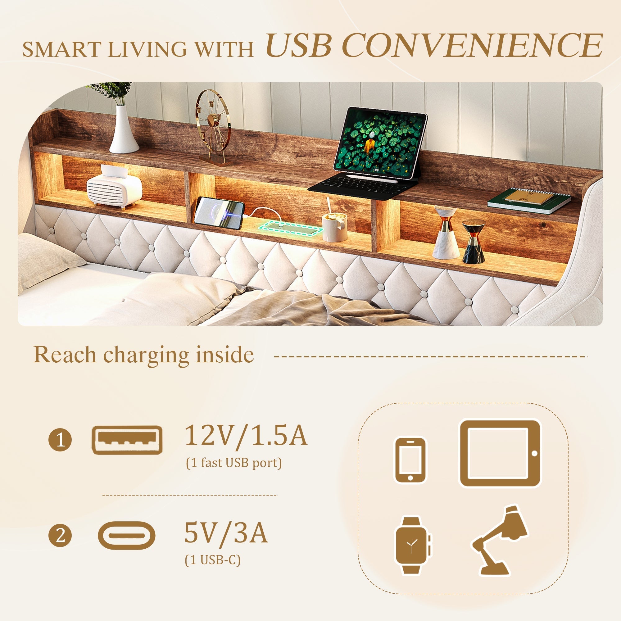 Space-saving Sofa Bed 90x190 cm with Storage, LED & USB-C Port, Velvet Beige