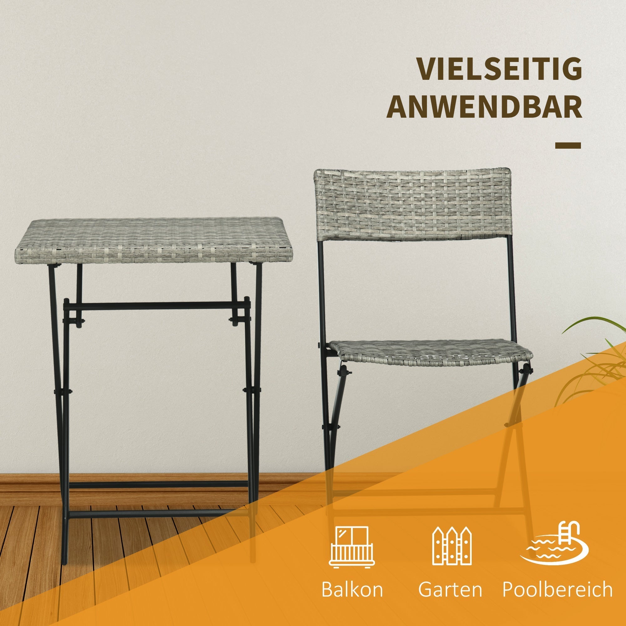 Balcony Furniture Set, 3-Piece Rattan Bistro with 2 Folding Chairs and Table, Light Grey Metal