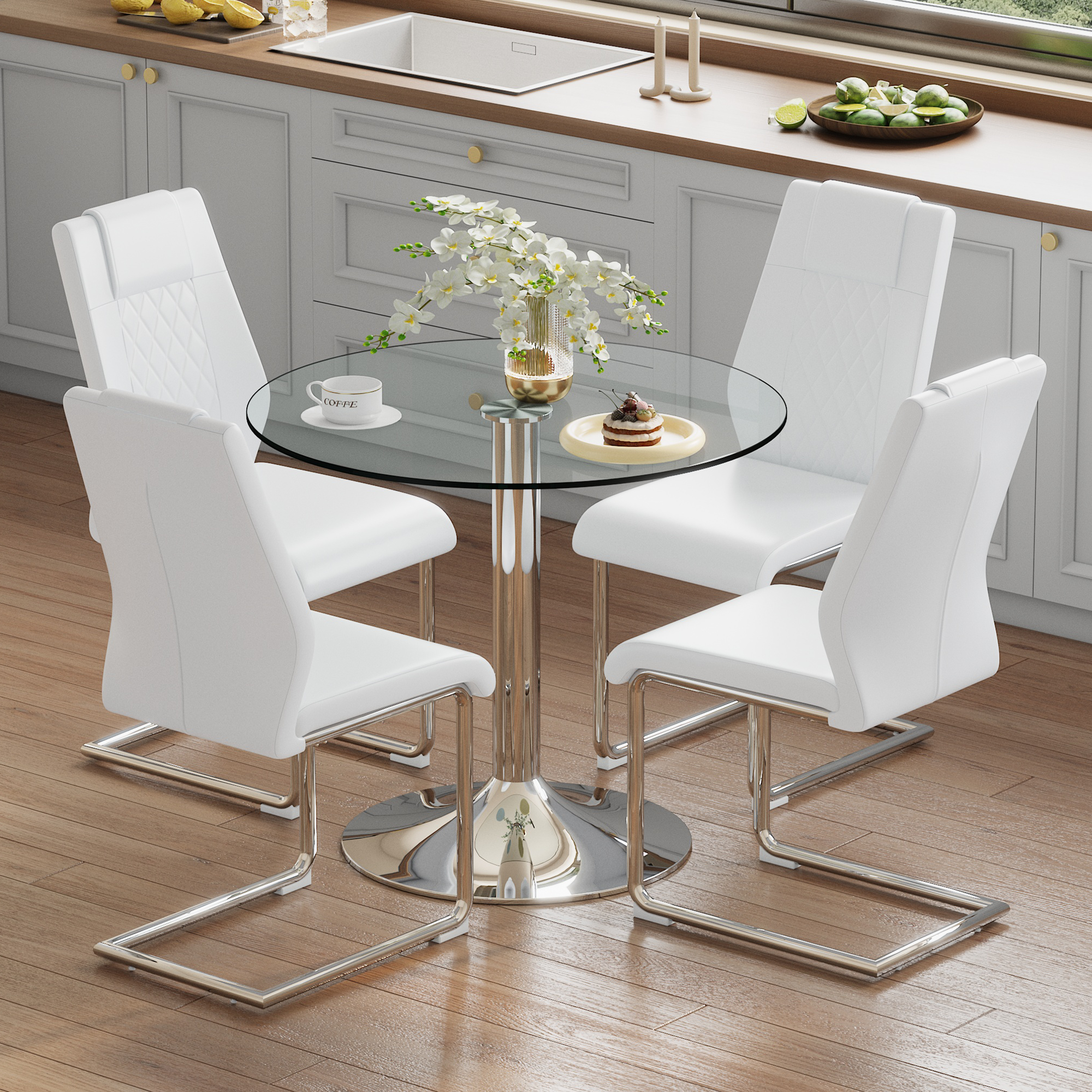 Dining Set - Minimalist Glass Table 85cm with 4 Chairs Metal Legs - White PU