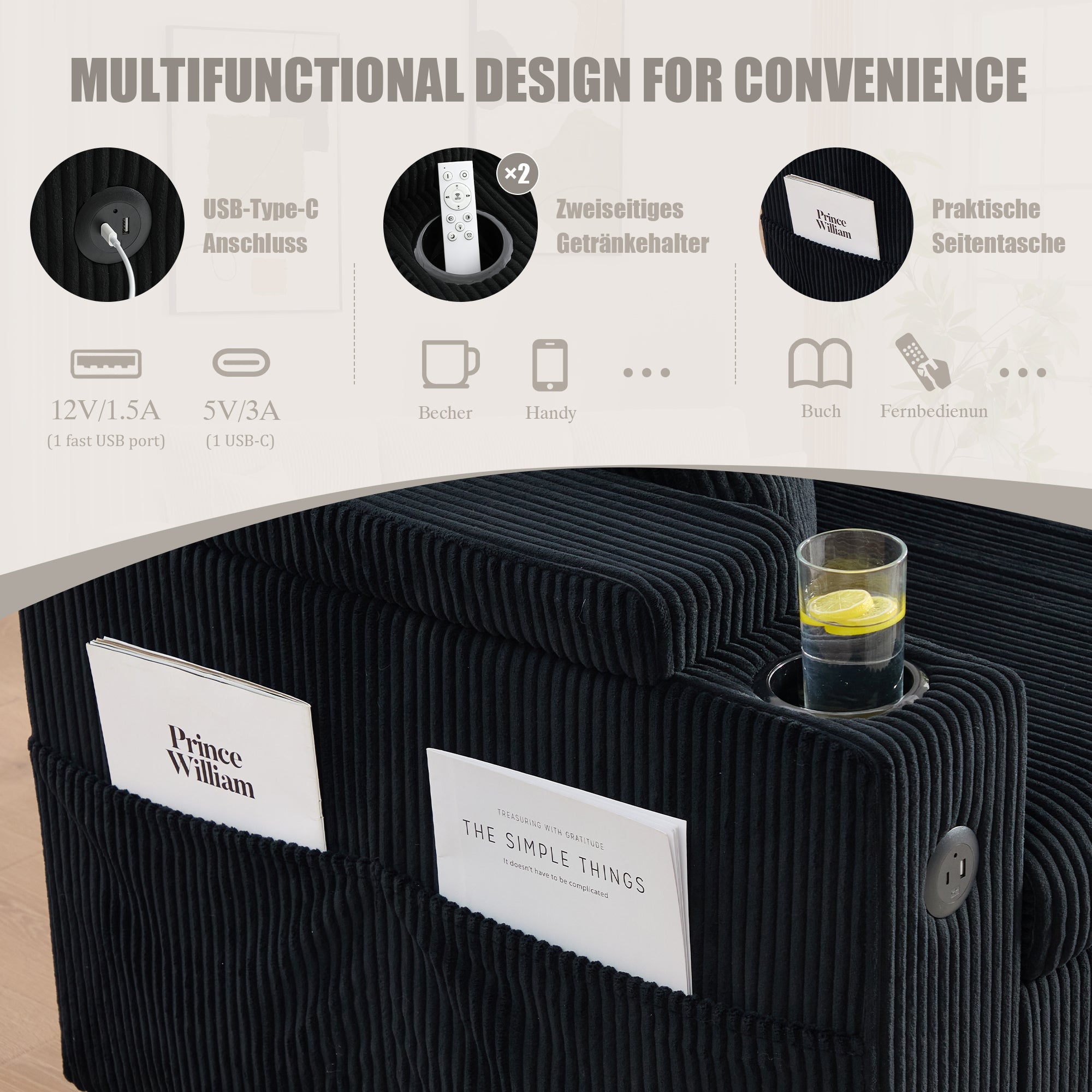 3-Seater Corduroy Sofa Sleeper Hydraulic Chaise Storage Cup Holders USB-C Corduroy