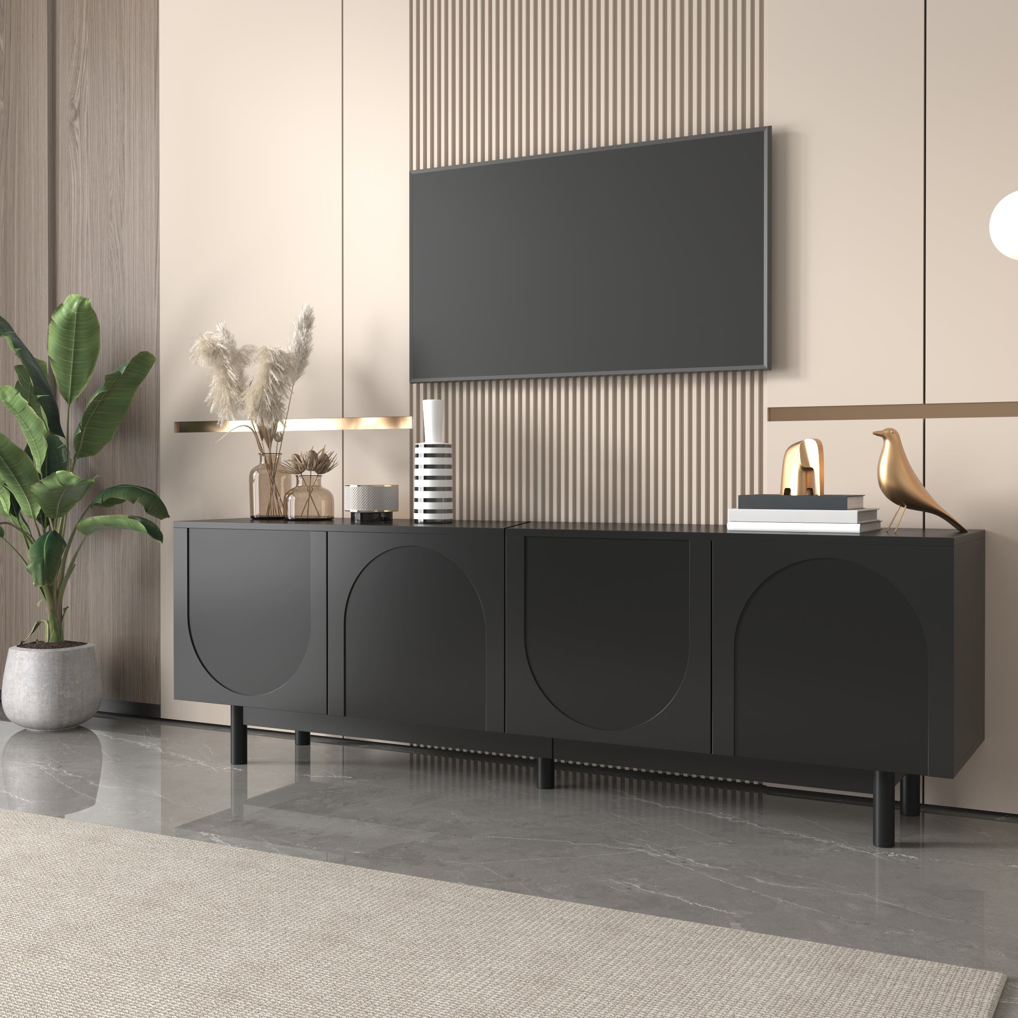 TV Cabinet 175cm Adjustable Shelves Lowboard Black