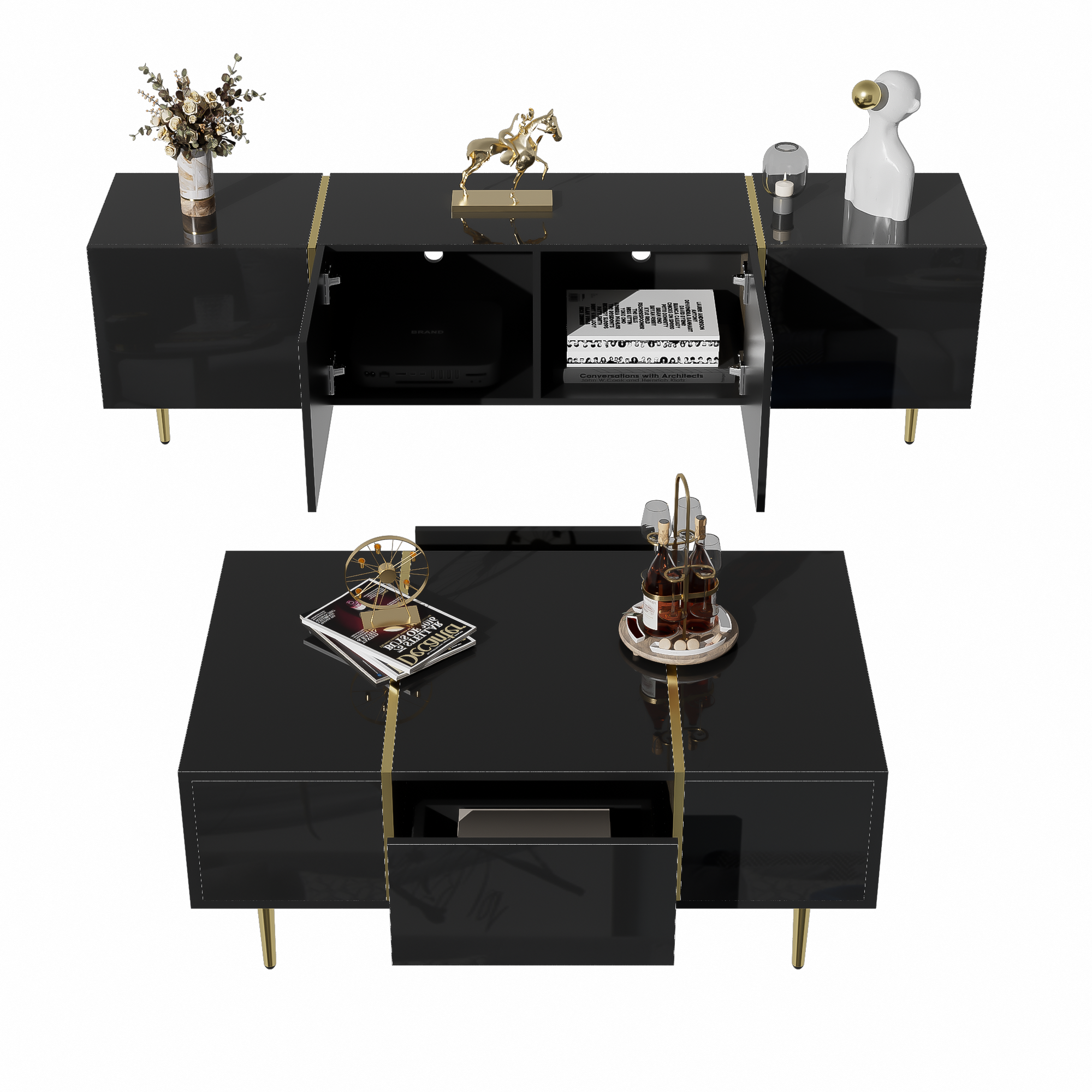 TV Cabinet and Coffee Table Set, High Gloss, Black