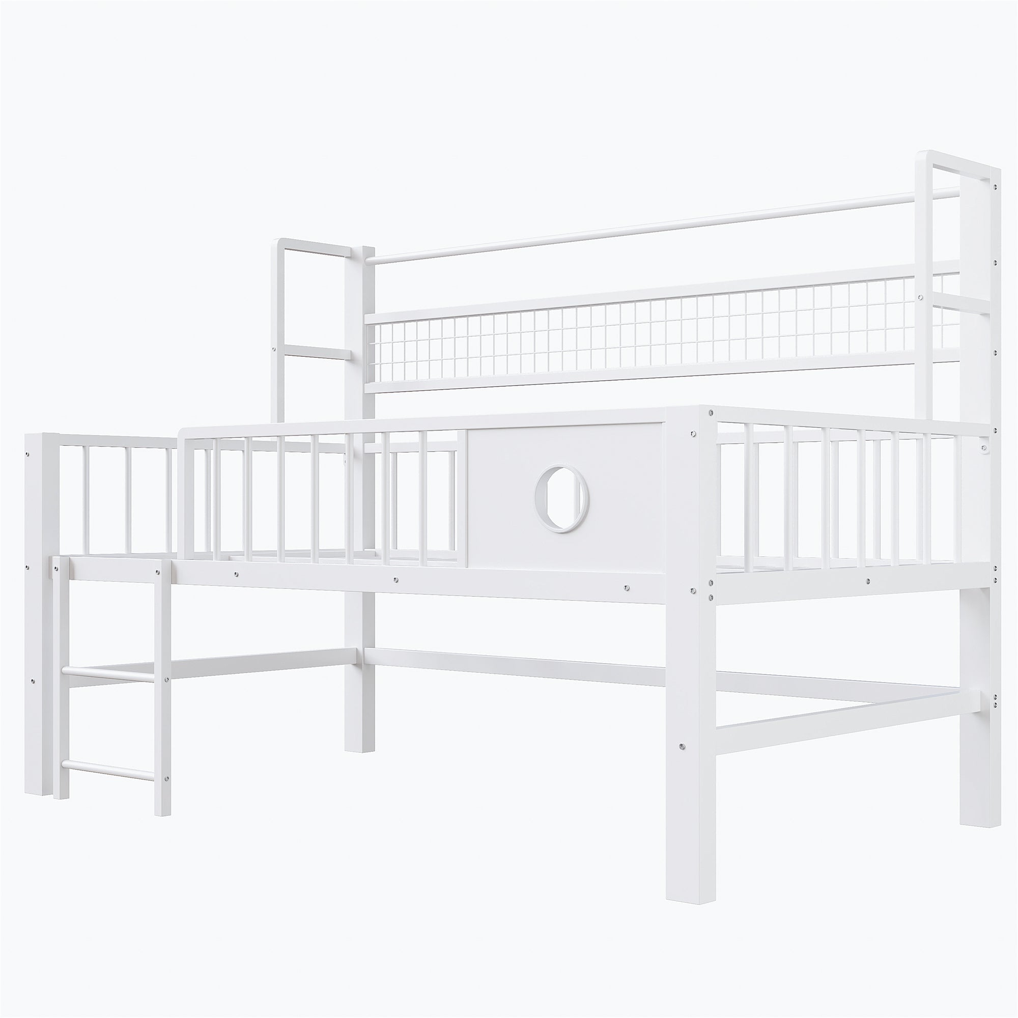 Children's Low Loft Bed with Storage Compartments, 90x200cm, White Metal