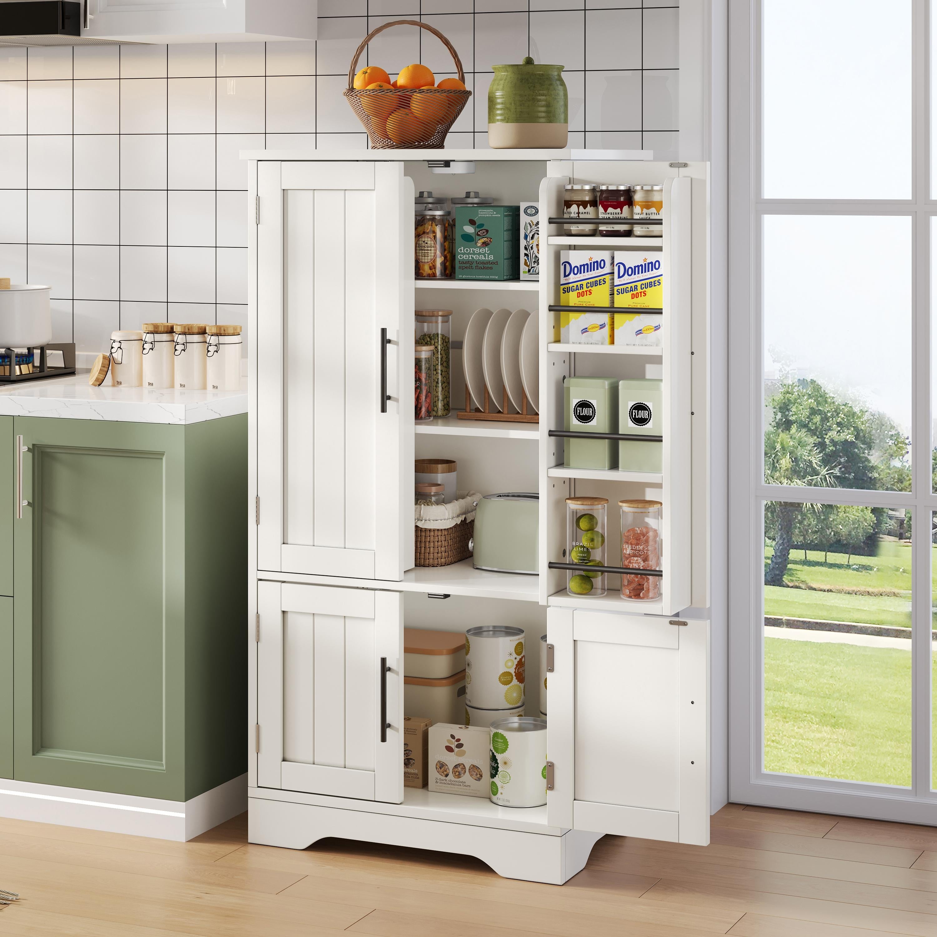 Kitchen Cabinet, LED Sensor Light, 4-Door Storage, Adjustable Shelves, White