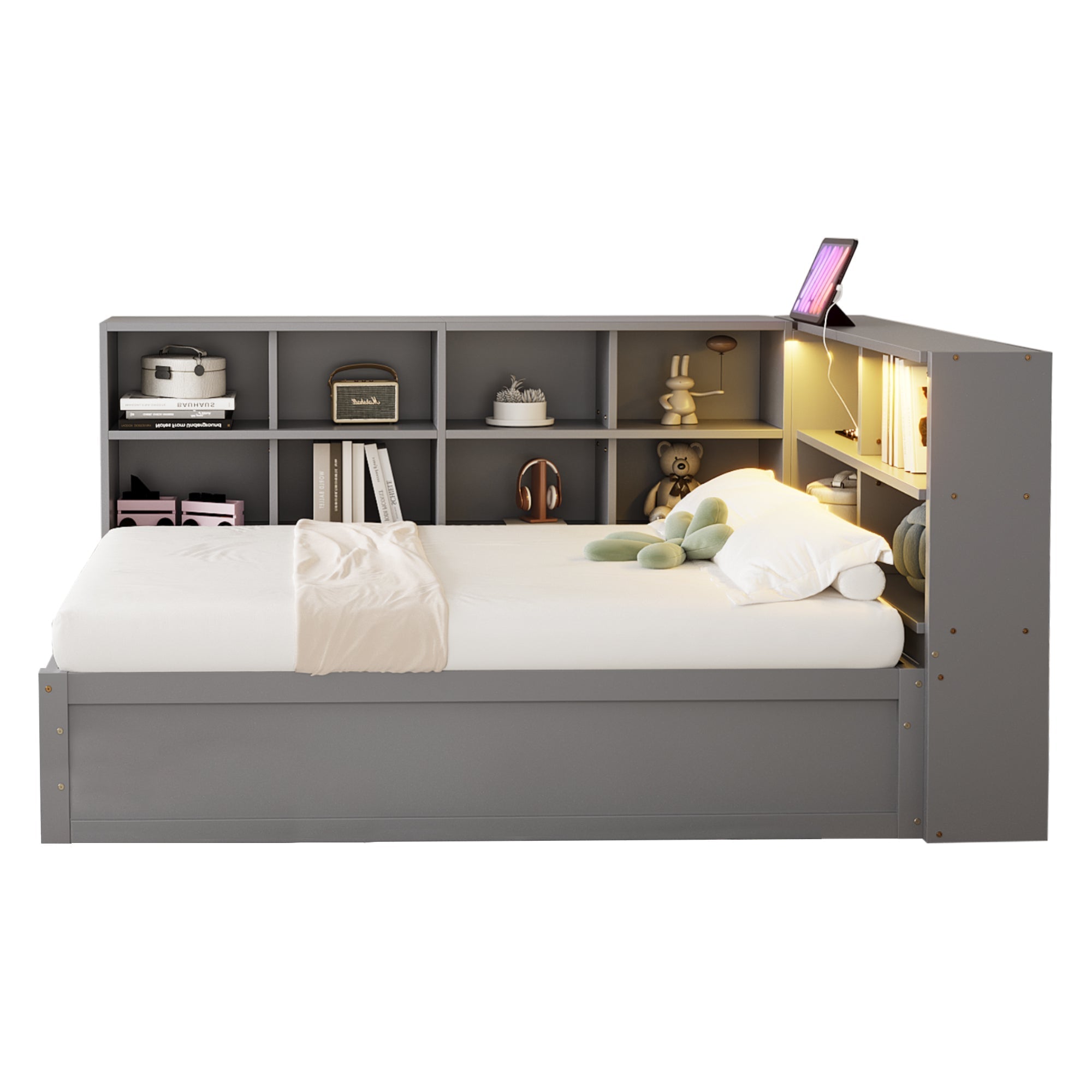Sofa bed 90*200, multiple sockets, storage, light bar, hydraulic, solid wood, single, multifunctional wooden, gray