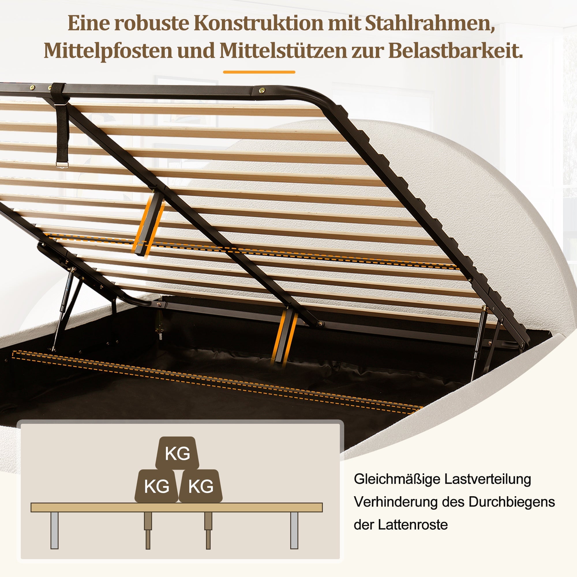 Upholstered Double Bed with Hydraulic Storage and Slatted Frame, 180x200cm, White Bouclé