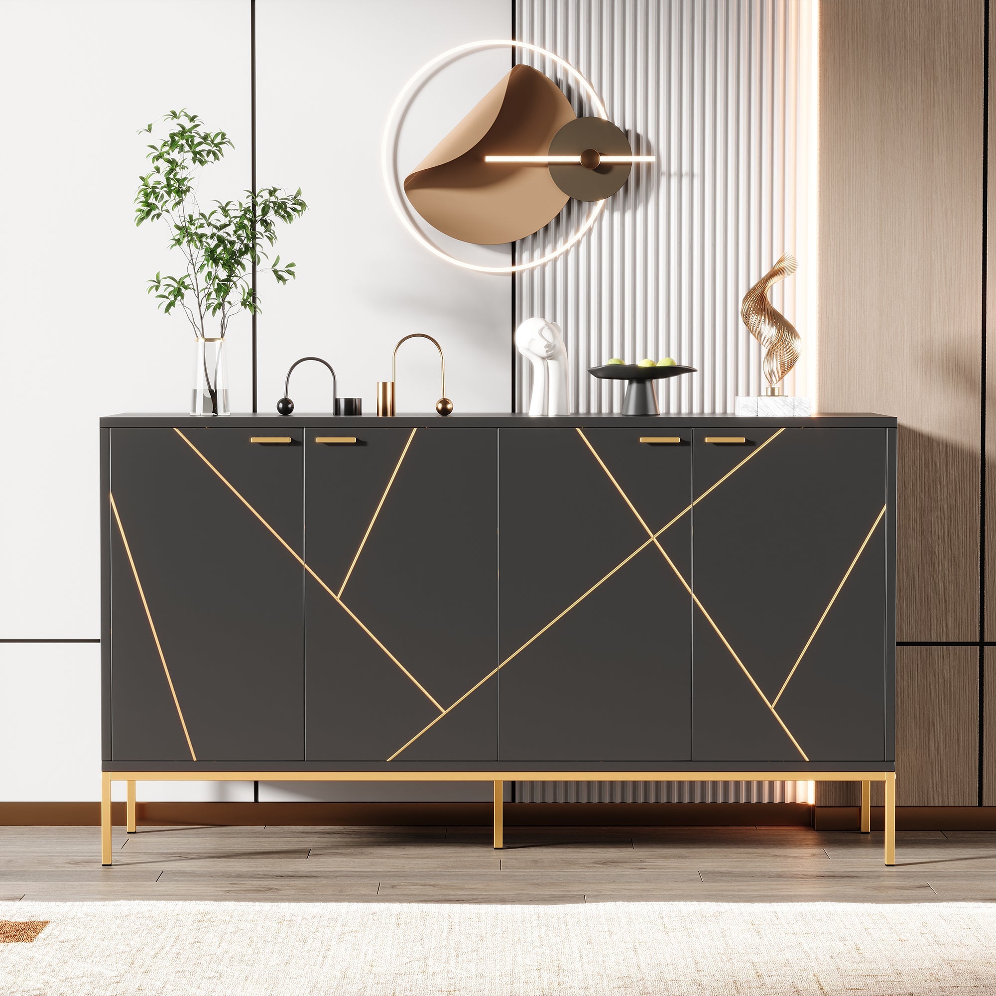 Sideboard four doors metal feet TV cabinet wardrobe linear design black and gold