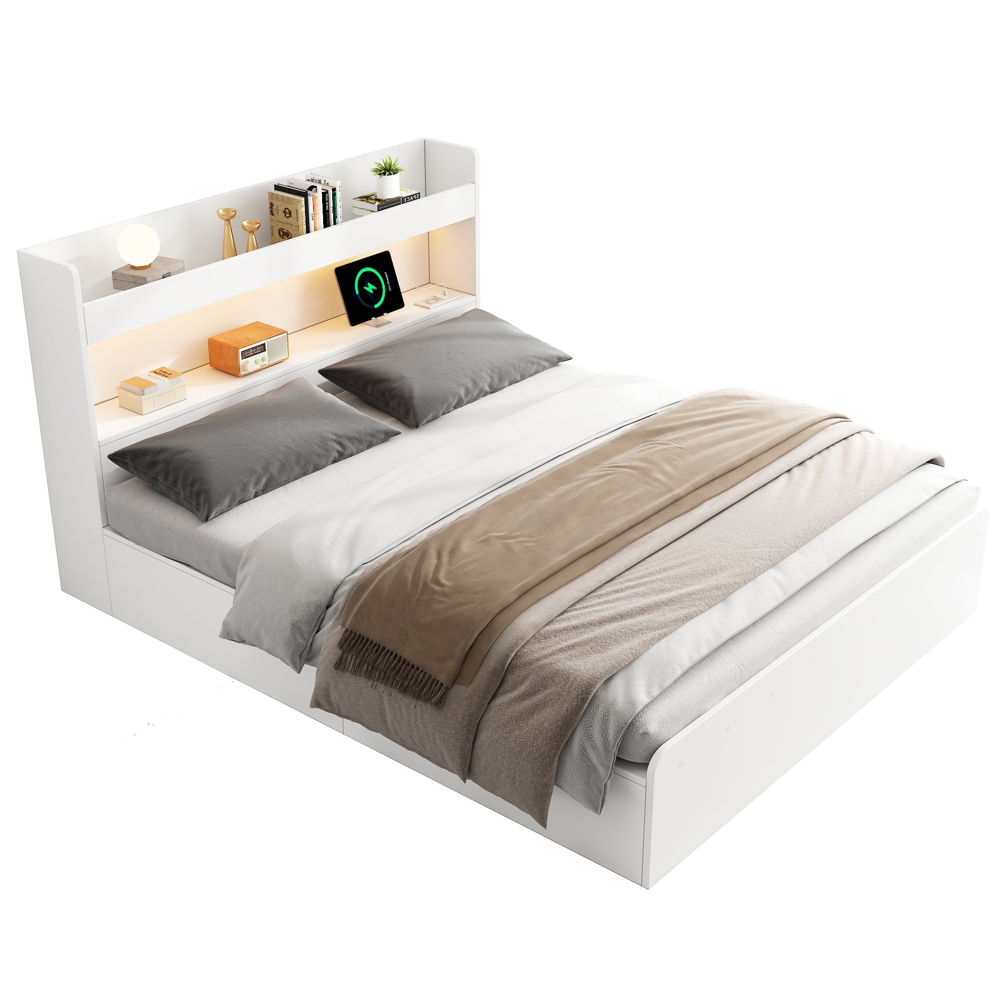 Storage Bed 140x200cm with USB, Power Outlet, LED and Drawers, White Solid Wood