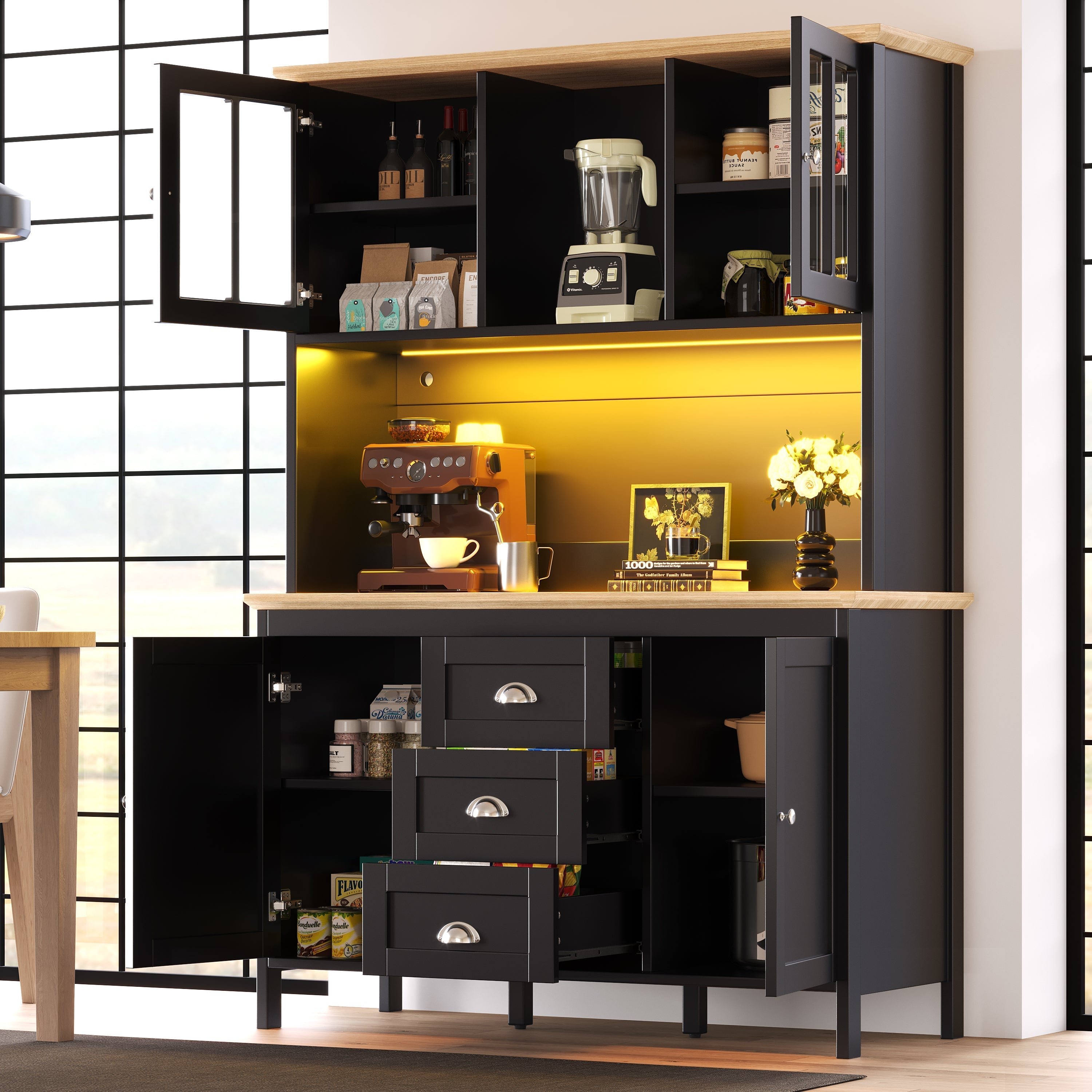 Tall Sideboard with LED Lighting, 4 Doors and 3 Drawers, White and Black
