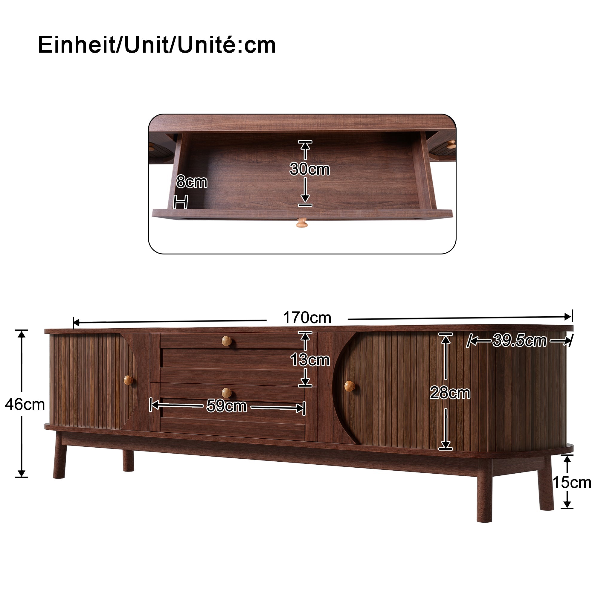 Modern TV Cabinet with Drawers, Storage, & Rounded Corners, Wood Look