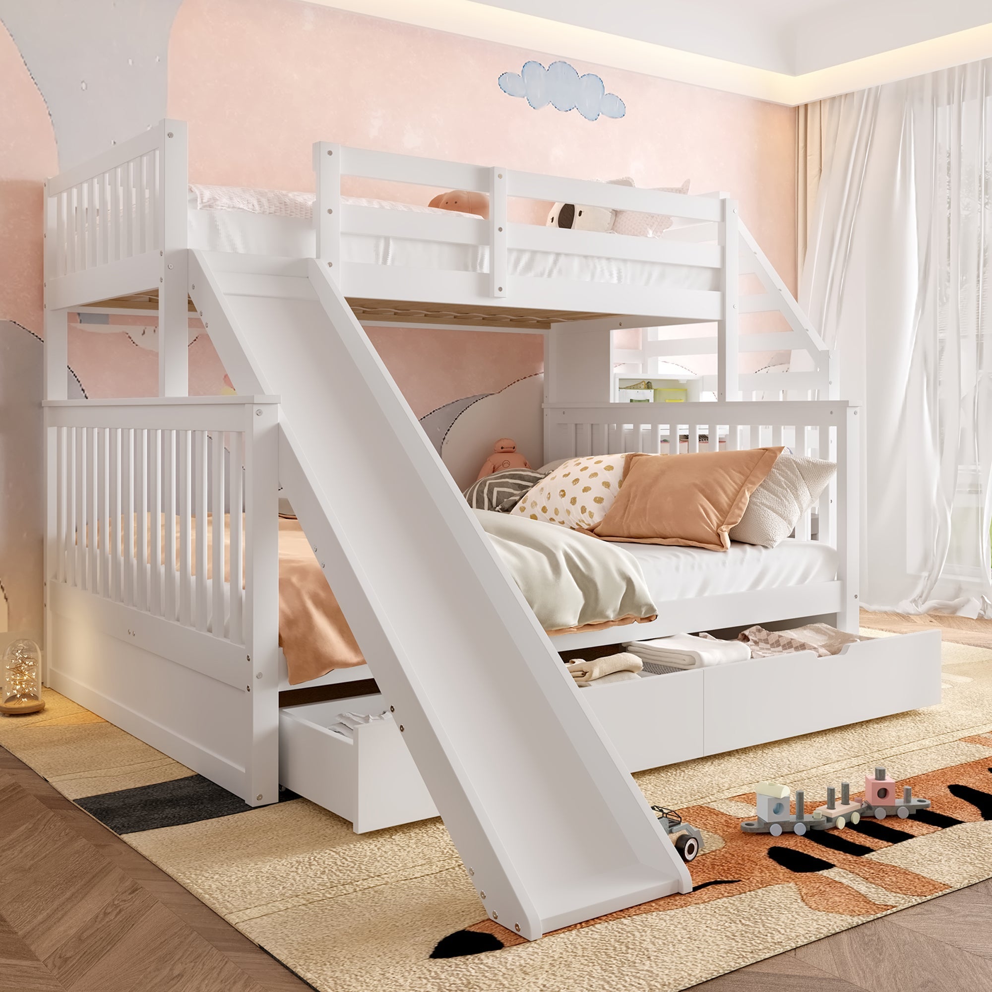 Bunk Bed 90x200 over 140x200 with Drawers Storage and Slide - White