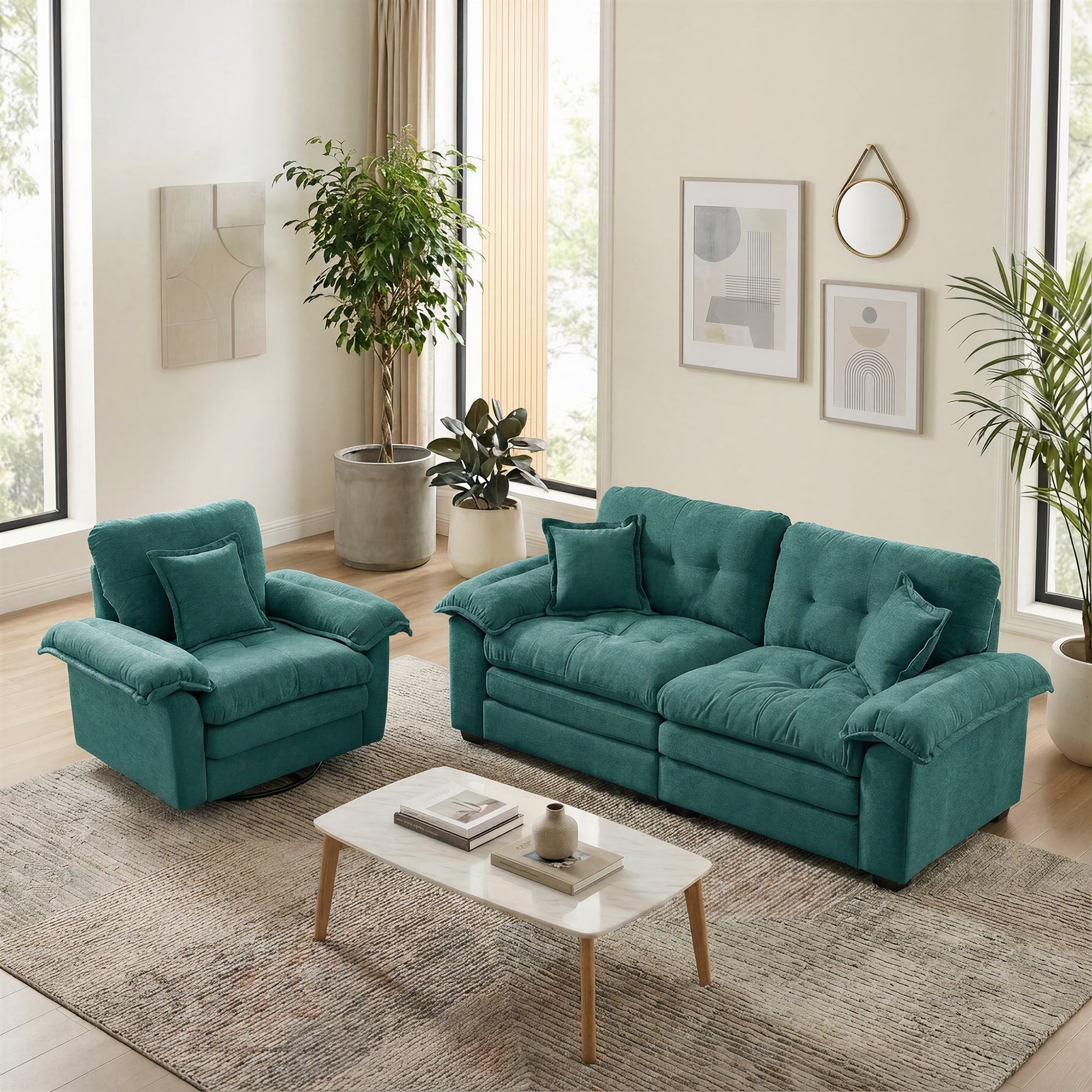 2-Piece Sofa Set with Single Sofa and Loveseat, Deep Seats and Memory Foam, Chenille