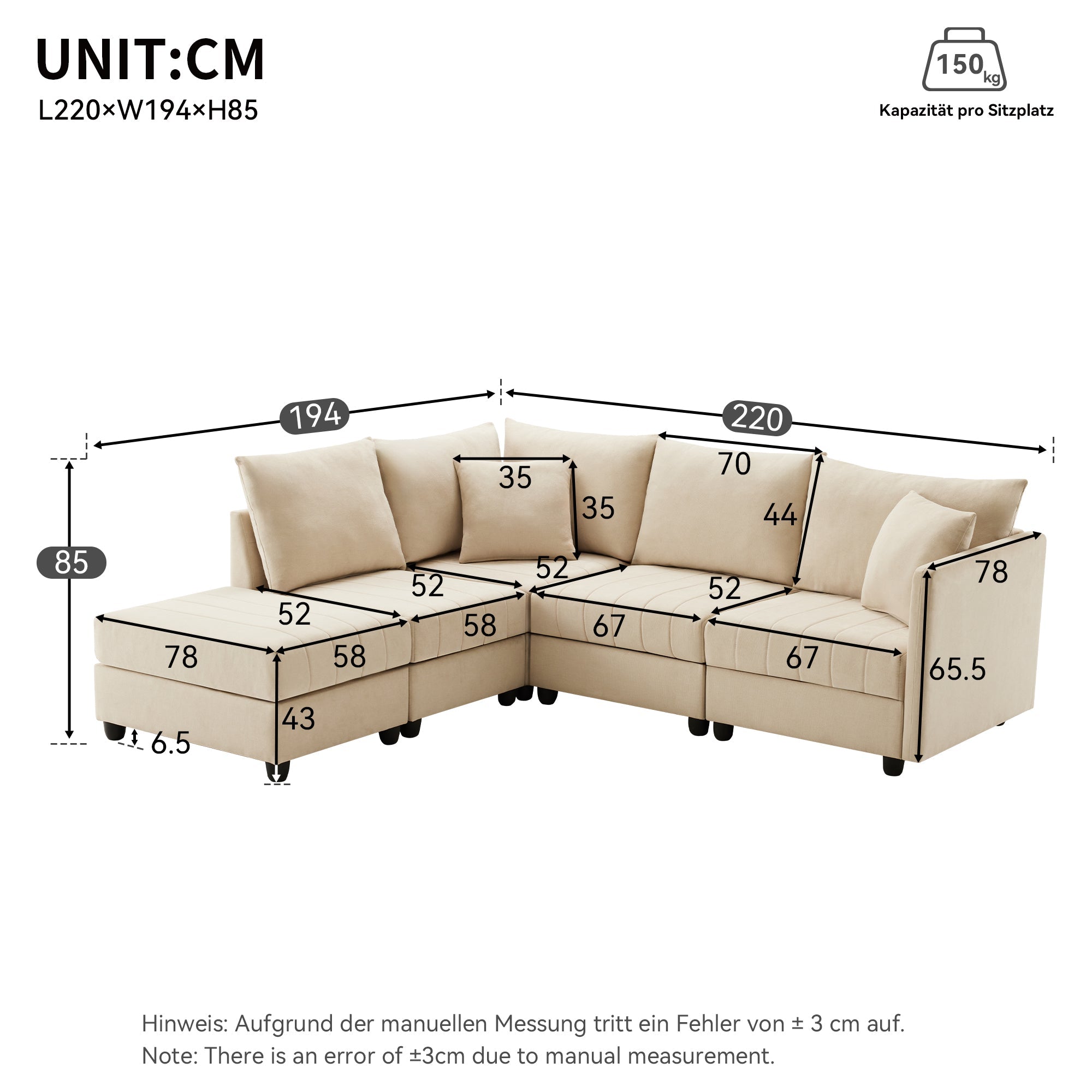 Modular Corner Sofa 5-Seater L/U-Shaped with Convertible Footstool