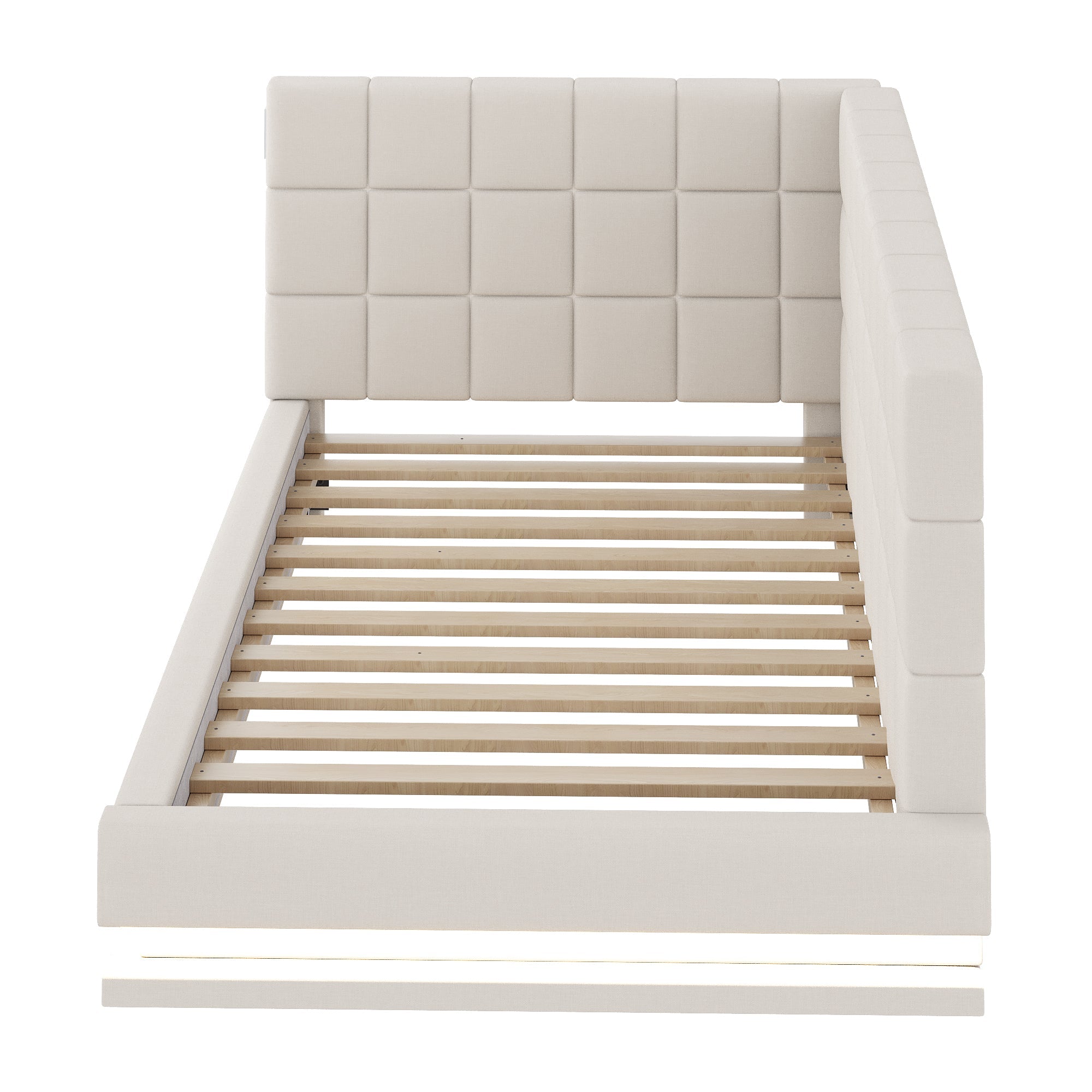 Upholstered Bed Sofa, 90x200 Multifunctional with LED & USB, Linen Fabric, Beige