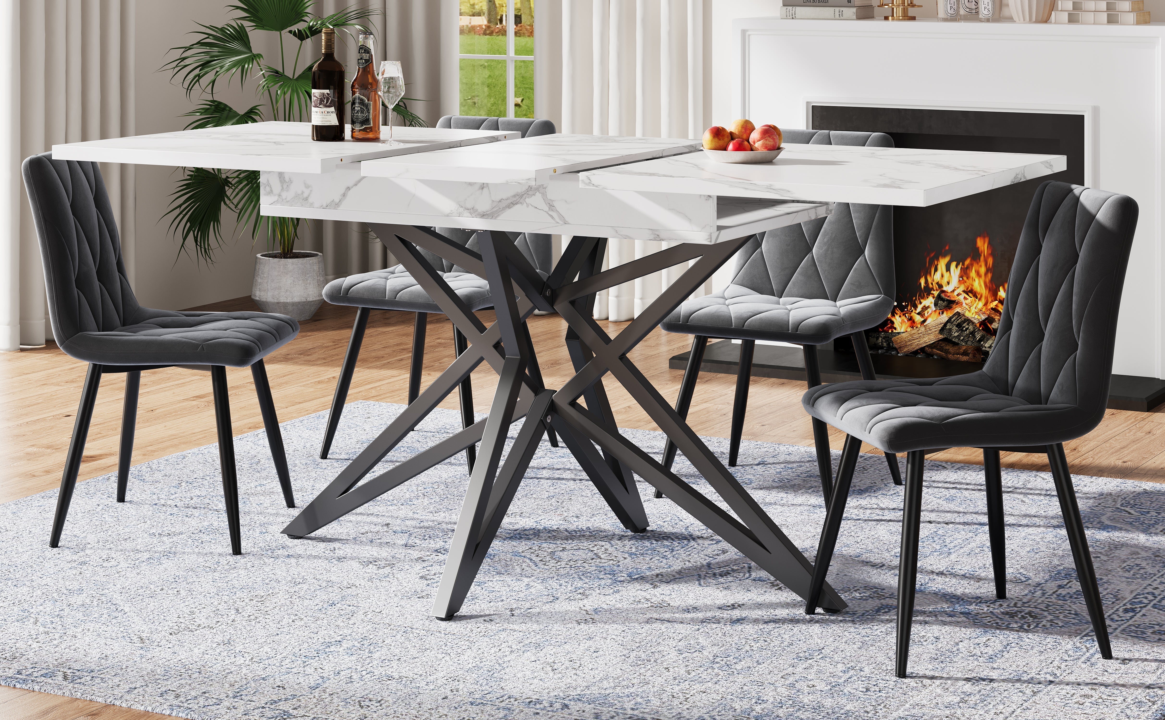 Extendable Dining Table 120(160)x80cm Star-Shaped Legs - Walnut/Marble Look Black