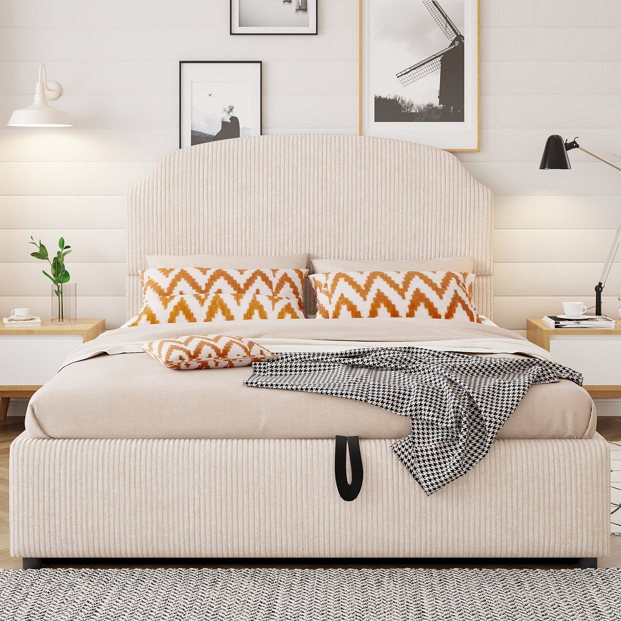 Upholstered Double Bed 140x200 with Hydraulic Storage and Wide Headboard, Beige Striped Plush