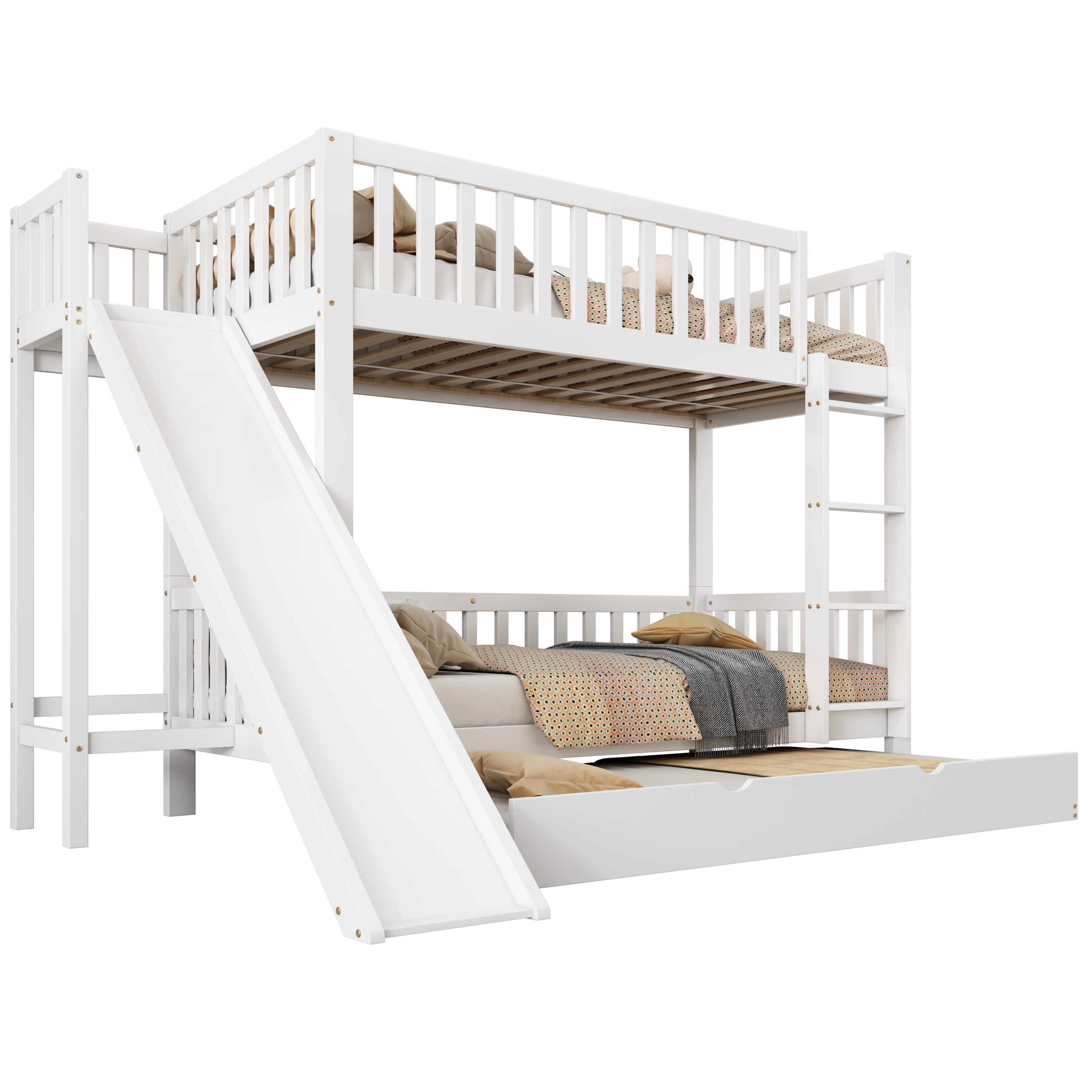Bunk Bed with Trundle, Slide & Shelves, Pine + MDF White