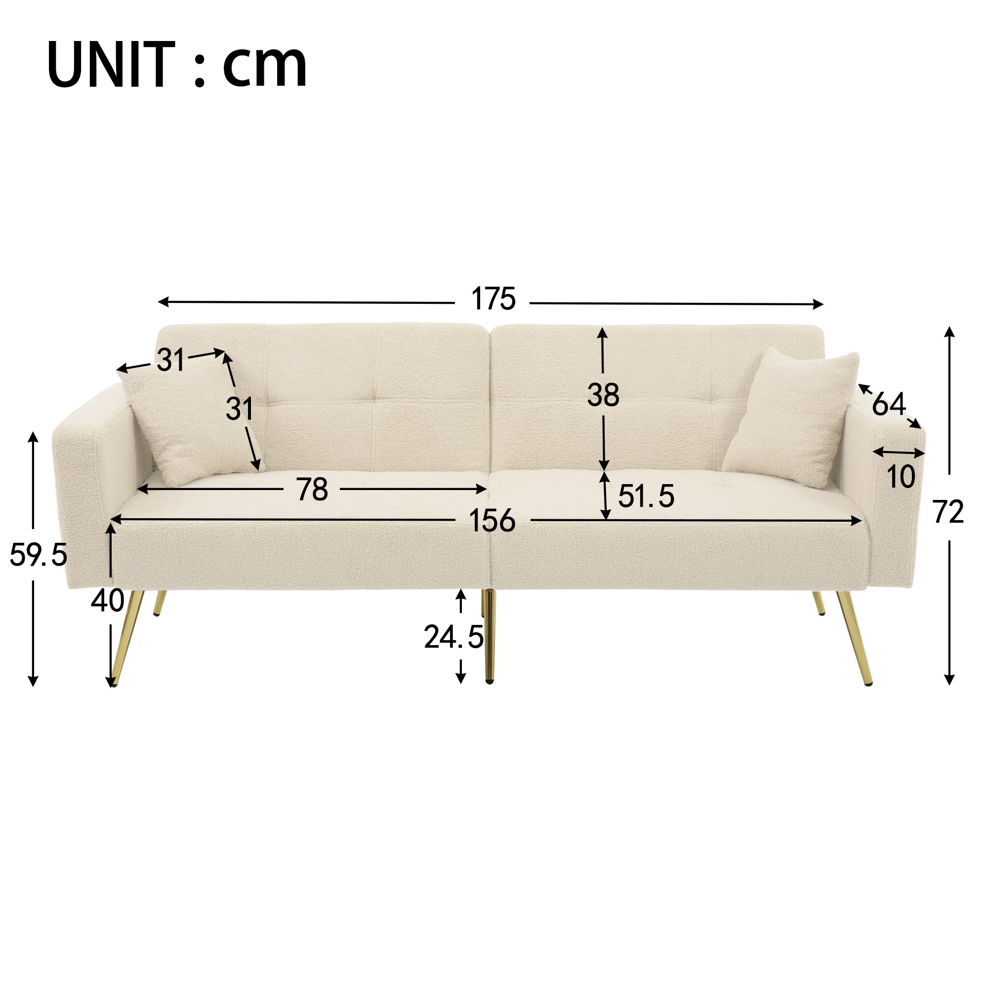 Sofa Bed Adjustable Angle Gold Legs with Cushions & Storage Pockets