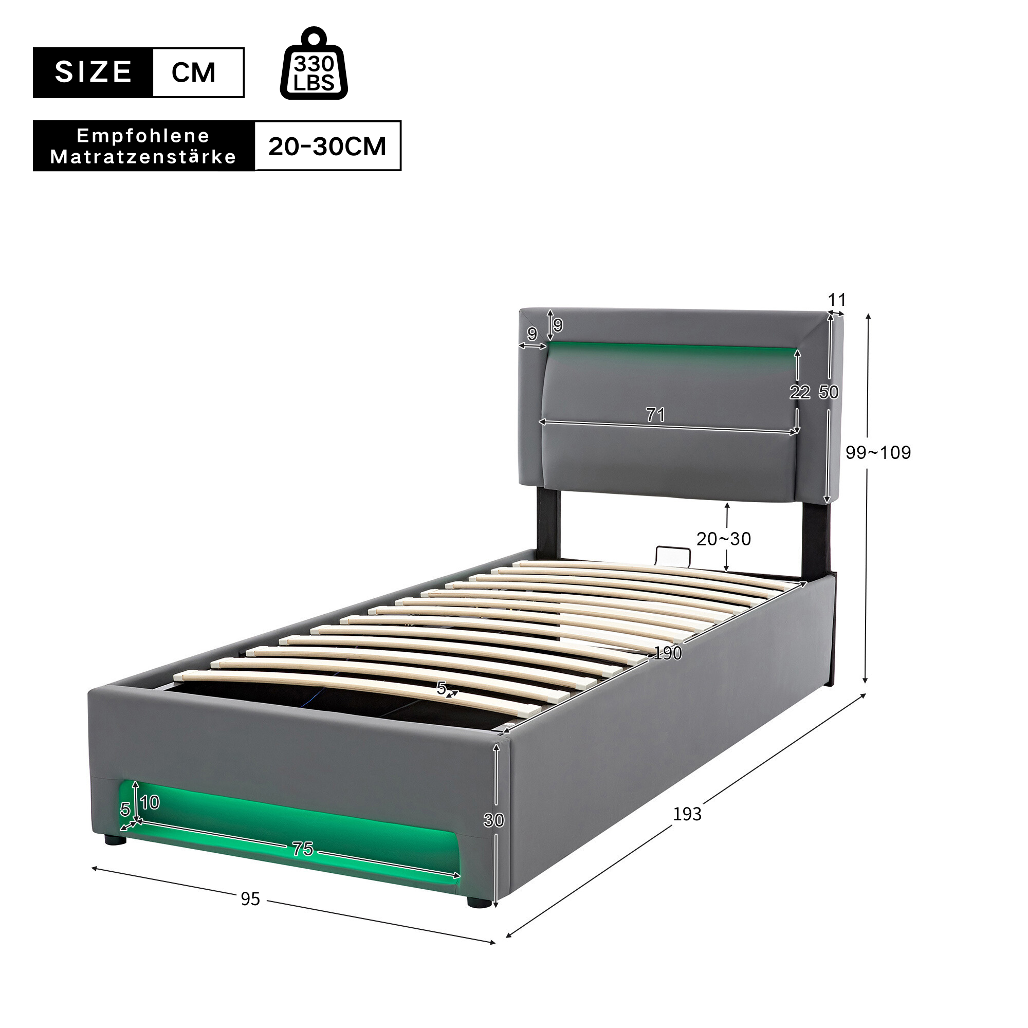 Upholstered Bed 90x190cm USB Charging LED Lighting Storage PU Lychee Grey