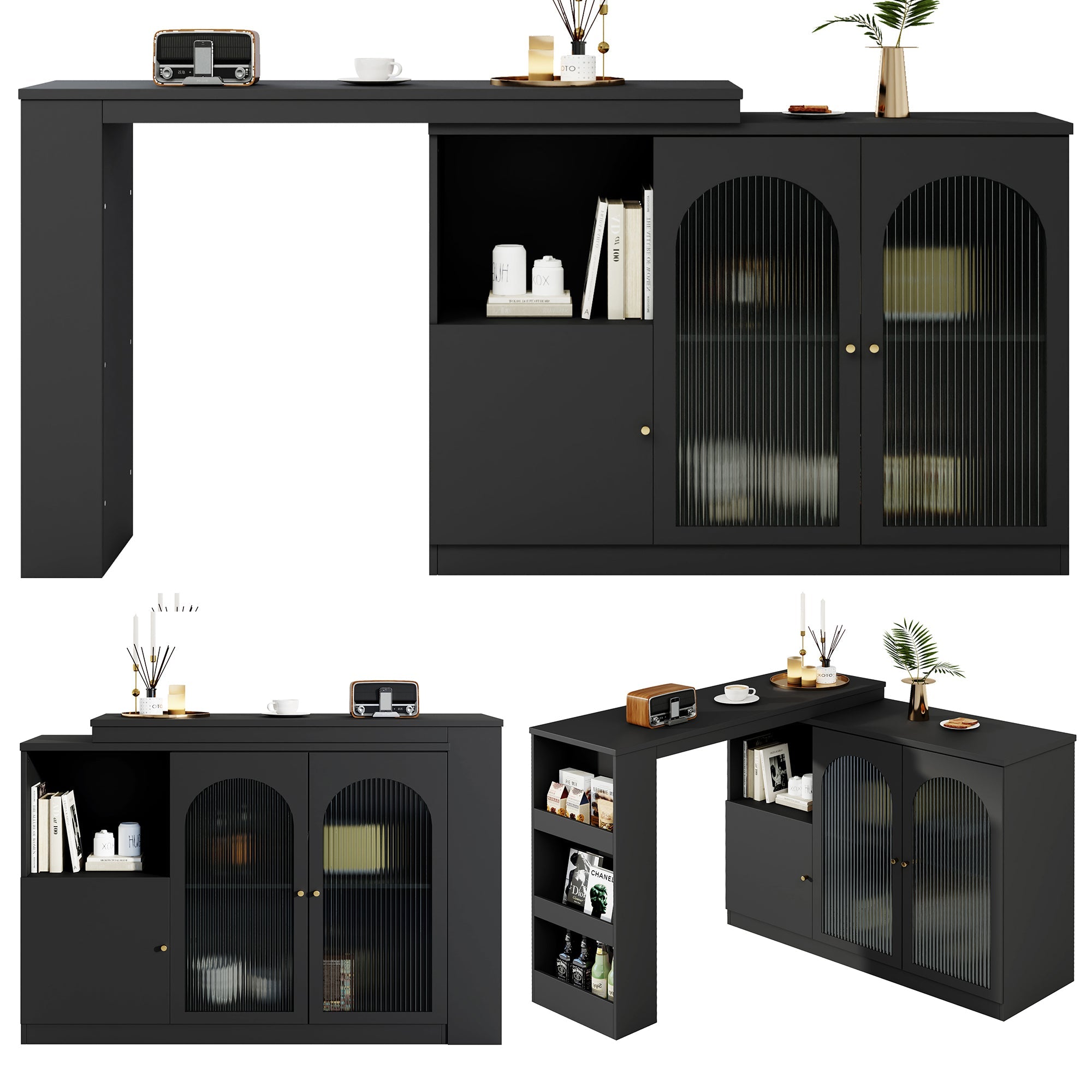 360° Rotating Bar Table, Multifunctional Dining & Bar Cabinet, Glass Door Storage, Black