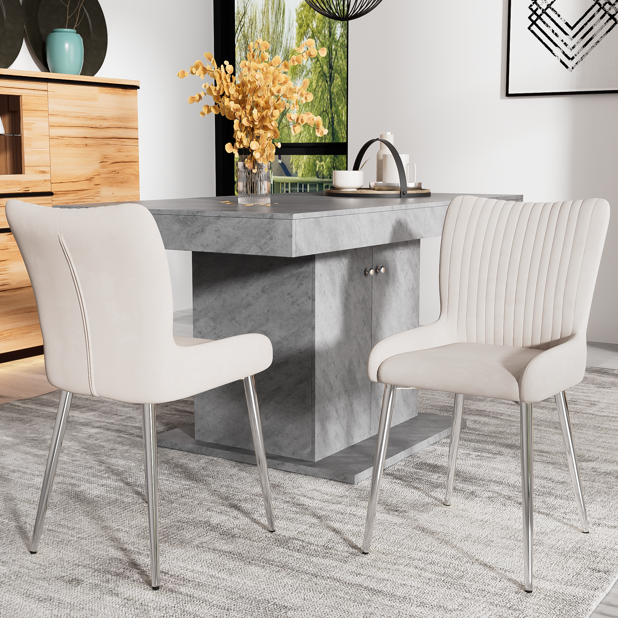 Velvet Dining Chair Set of 4 with Silver Metal Legs and Lumbar Support, Beige