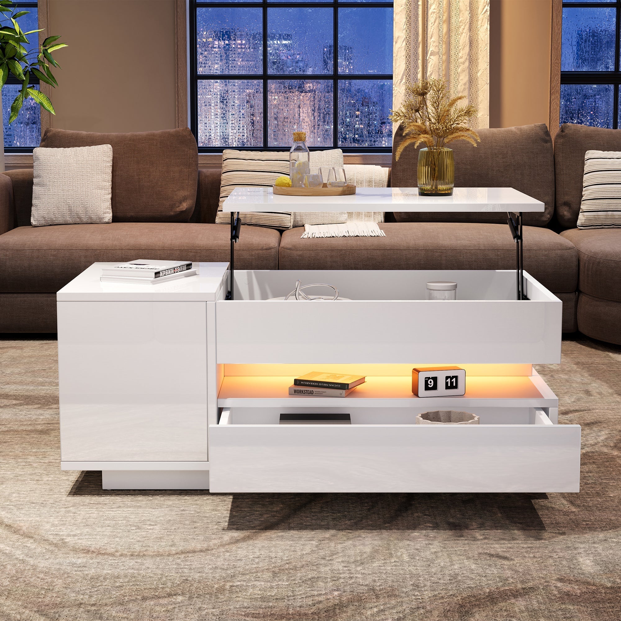 Liftable Coffee Table, 95*50*34.5cm with 1 Drawer & LED, White